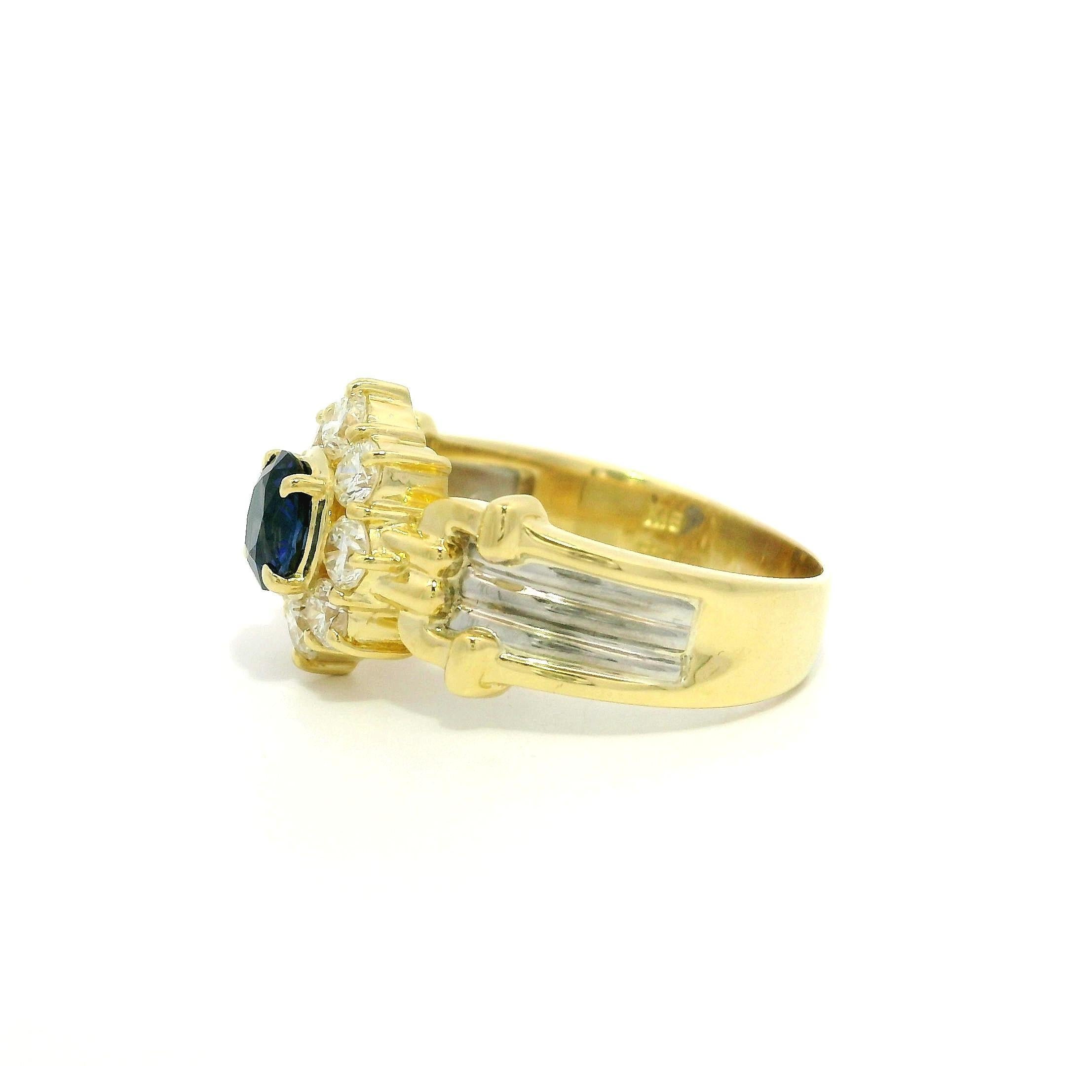 Women's 18k Yellow Gold Platinum High Quality Sapphire Diamond Flower Cluster Ring For Sale