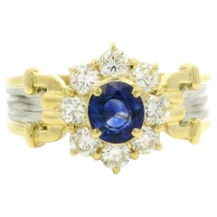 18k Yellow Gold Platinum High Quality Sapphire Diamond Flower Cluster Ring