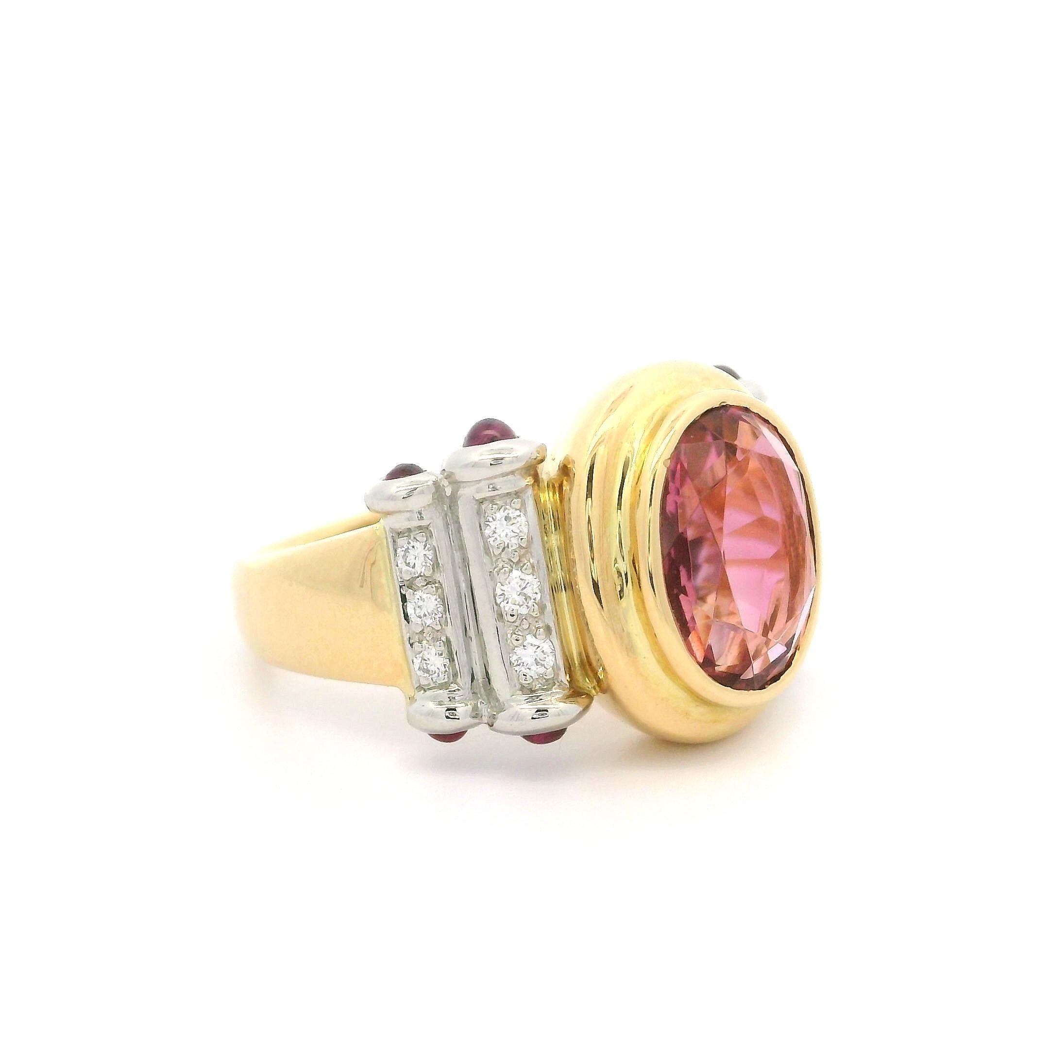 --Stone(s):--
(1) Natural Genuine Tourmaline - Oval Brilliant Cut - Bezel Set - Clean Pink Color - 10.2x8.3mm - 4.01ct (exact)
(8) Natural Genuine Rubies - Round Cabochon Cut - Bezel Set - Deep Red Color - 0.46ctw (exact)
(12) Natural Genuine