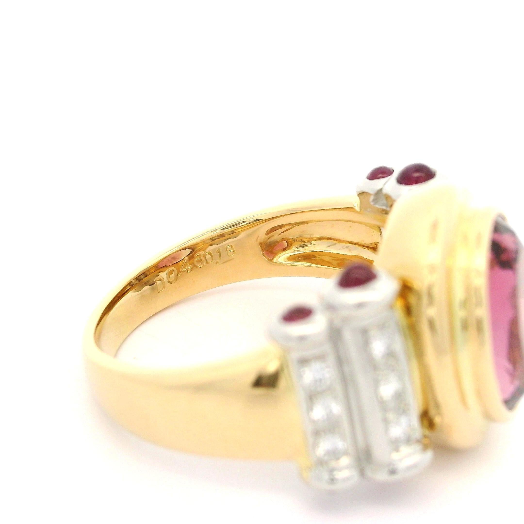 Women's 18k Yellow Gold Platinum Oval Bezel Pink Tourmaline Ruby Diamond Bar Sides Ring For Sale