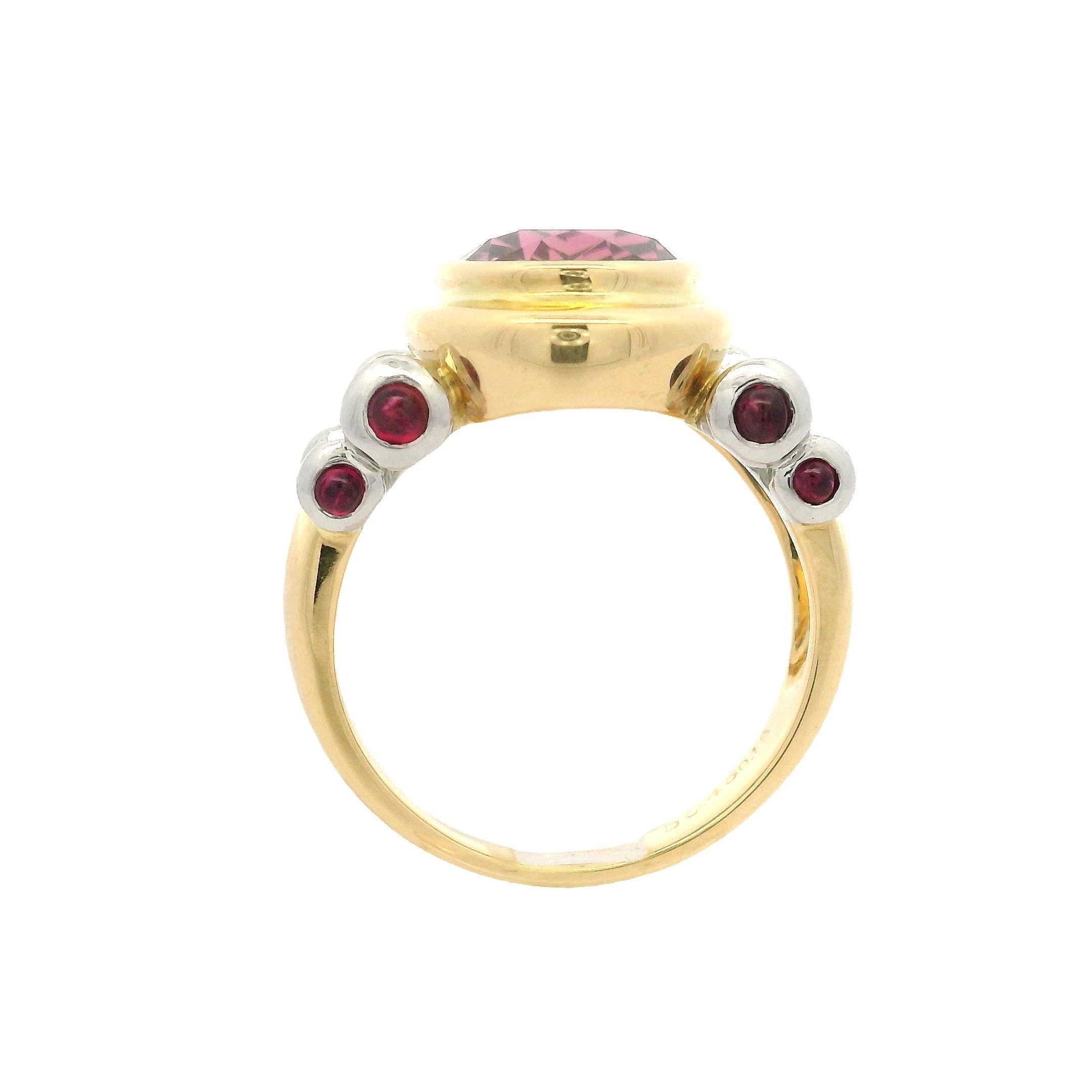 18k Yellow Gold Platinum Oval Bezel Pink Tourmaline Ruby Diamond Bar Sides Ring For Sale 2