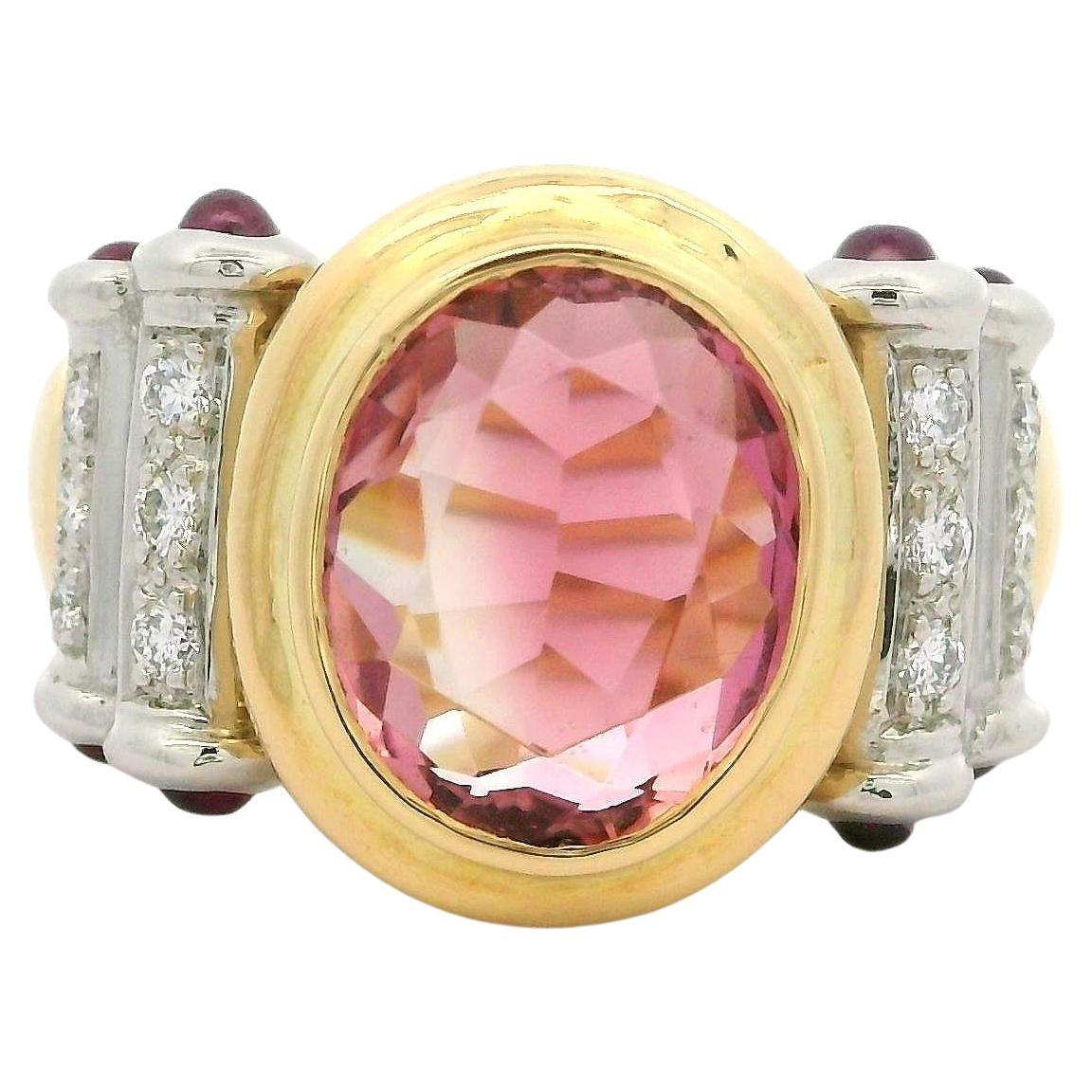 Anillo de Oro Amarillo 18k Platino Bisel Ovalado Turmalina Rosa Rubí Diamante Barra Lateral