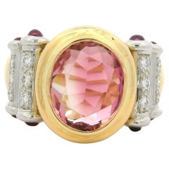 Anillo de Oro Amarillo 18k Platino Bisel Ovalado Turmalina Rosa Rubí Diamante Barra Lateral