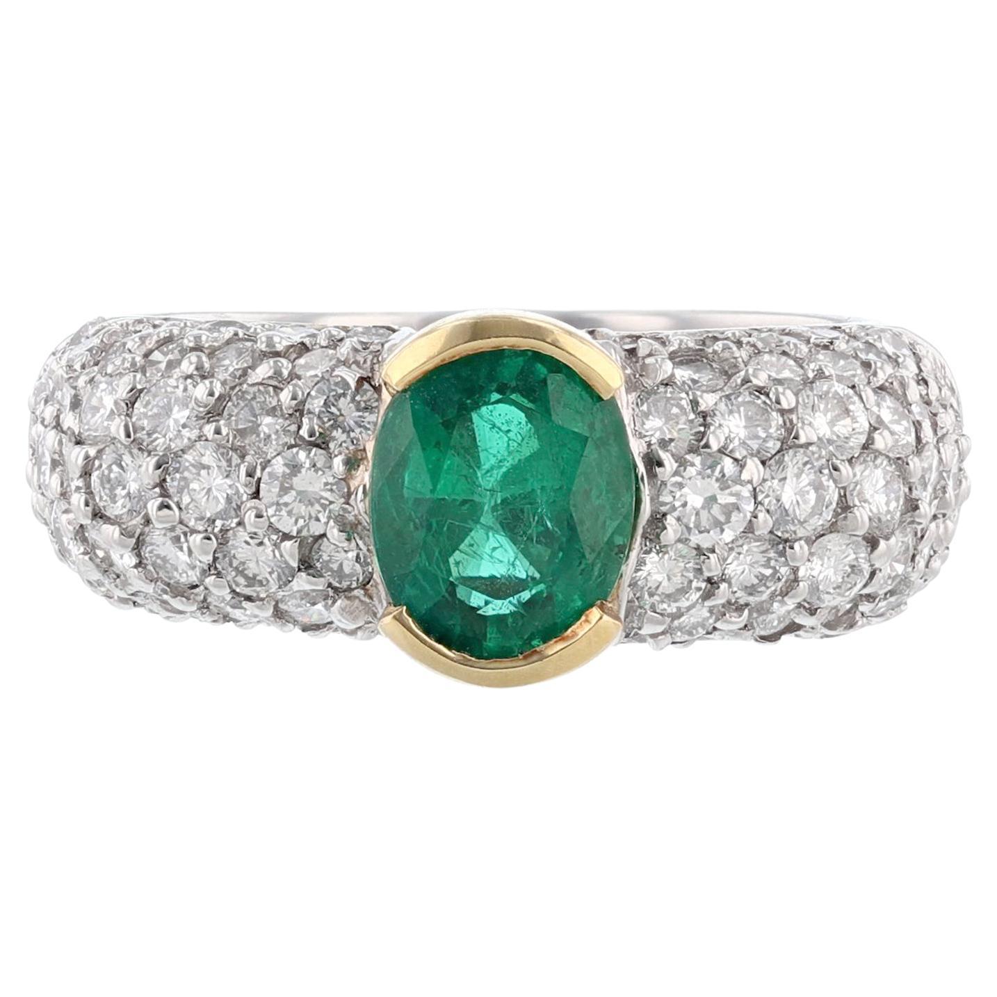 18K Yellow Gold Platinum Oval Emerald Diamond 2.75 Carat Ring For Sale