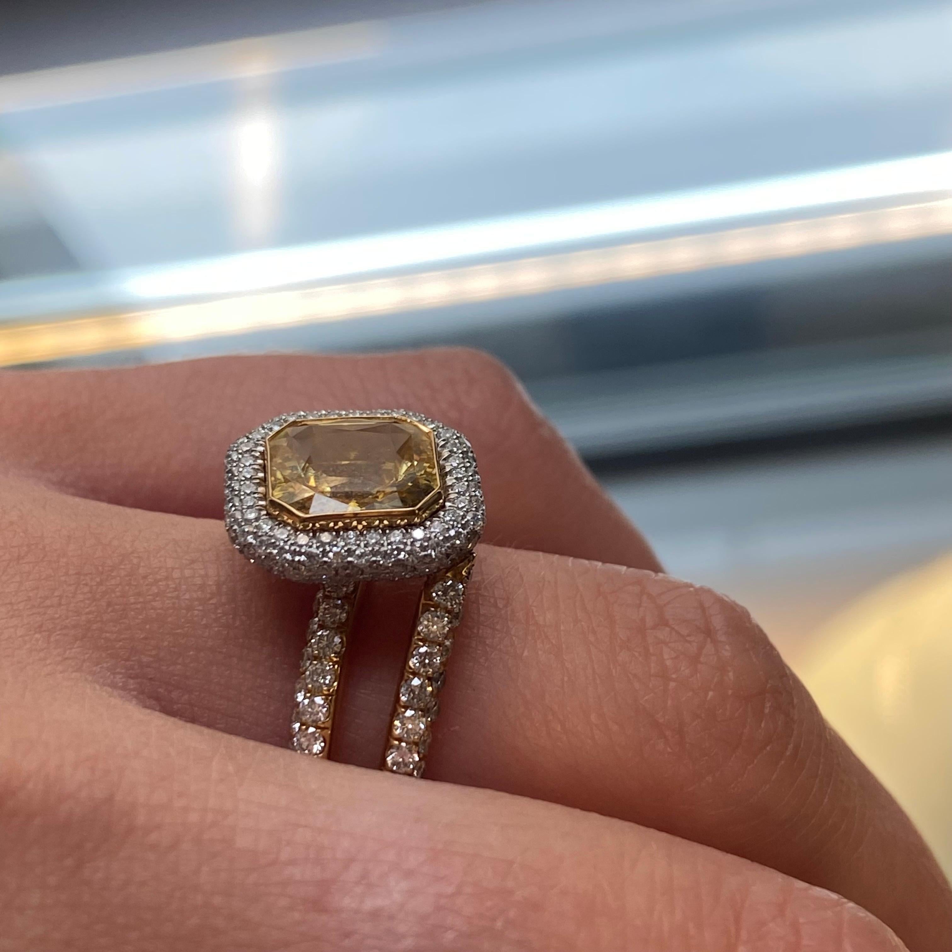 Radiant Cut 18K Yellow Gold Platinum Radiant Yellow Sapphire Diamond Engagement Ring For Sale