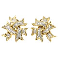 18K Yellow Gold Platinum Ribbon Diamond Earrings