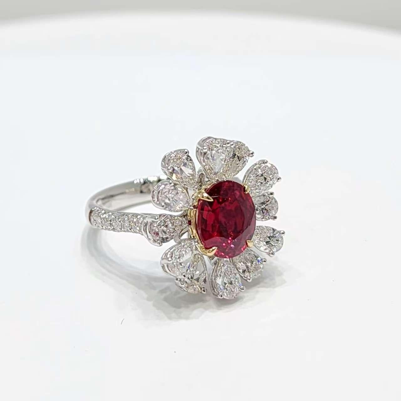 Art Nouveau Anello con rubino e diamanti a stella in oro giallo 18 carati e platino - 2,02ct GRS-Certifie in vendita