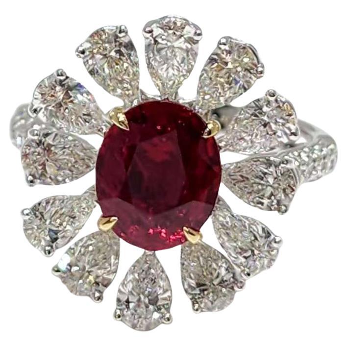 Anello con rubino e diamanti a stella in oro giallo 18 carati e platino - 2,02ct GRS-Certifie