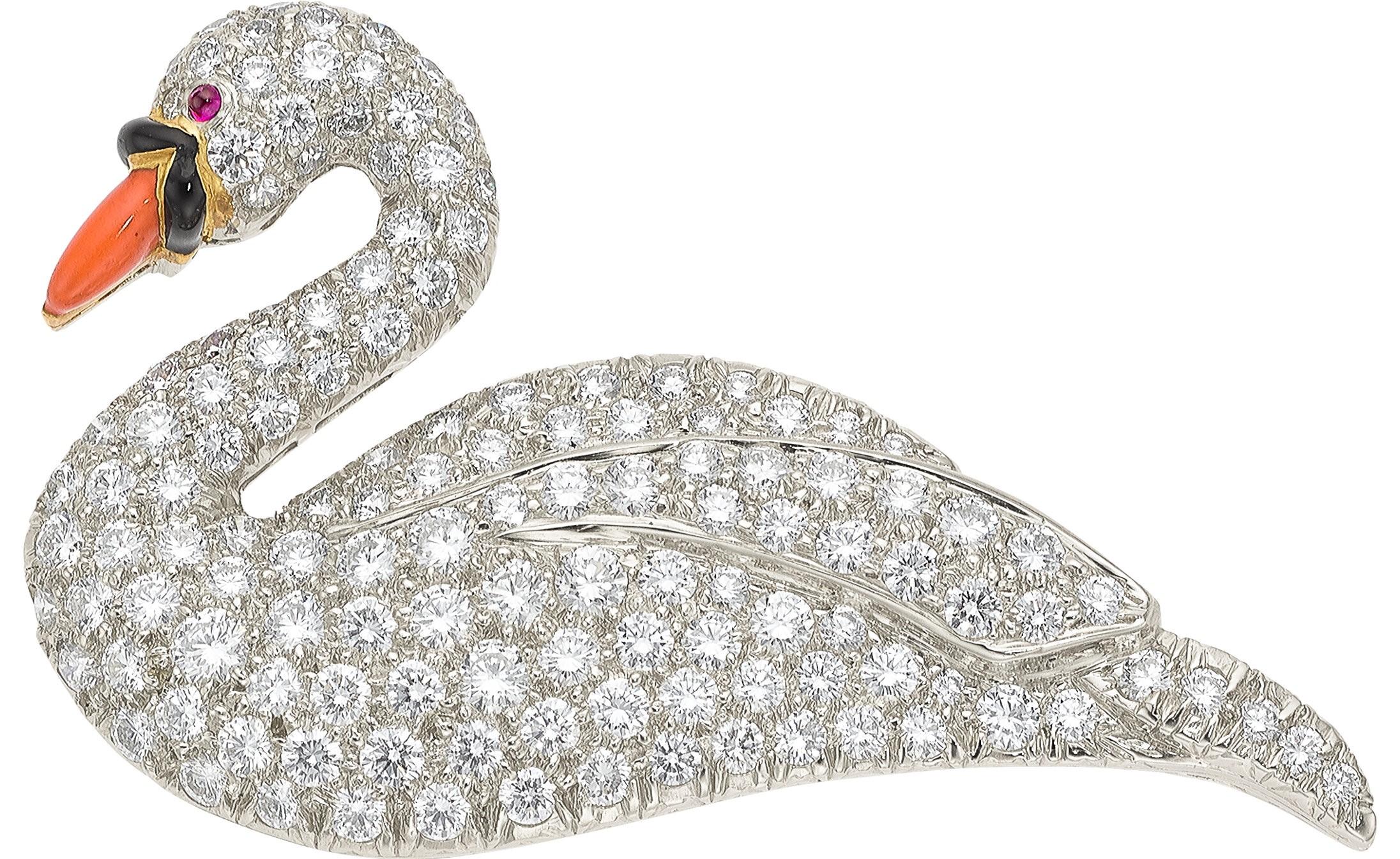 18k Yellow Gold & Platinum Swan Brooch w/ Diamonds by Oscar Heyman & Brothers For Sale 1