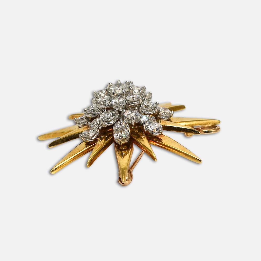 Round Cut 18K Yellow Gold & Platinum Vintage Diamond Starburst Brooch For Sale
