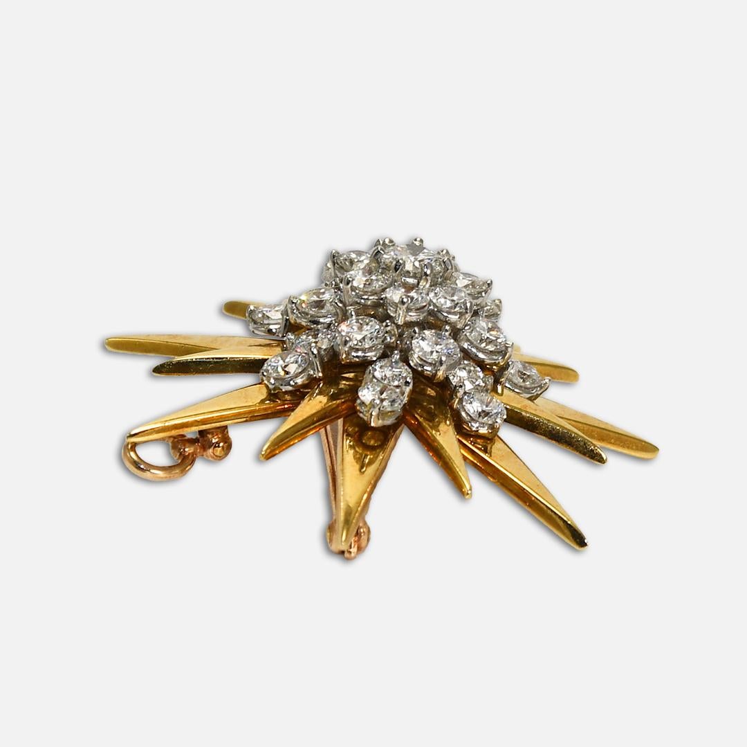 Women's or Men's 18K Yellow Gold & Platinum Vintage Diamond Starburst Brooch For Sale