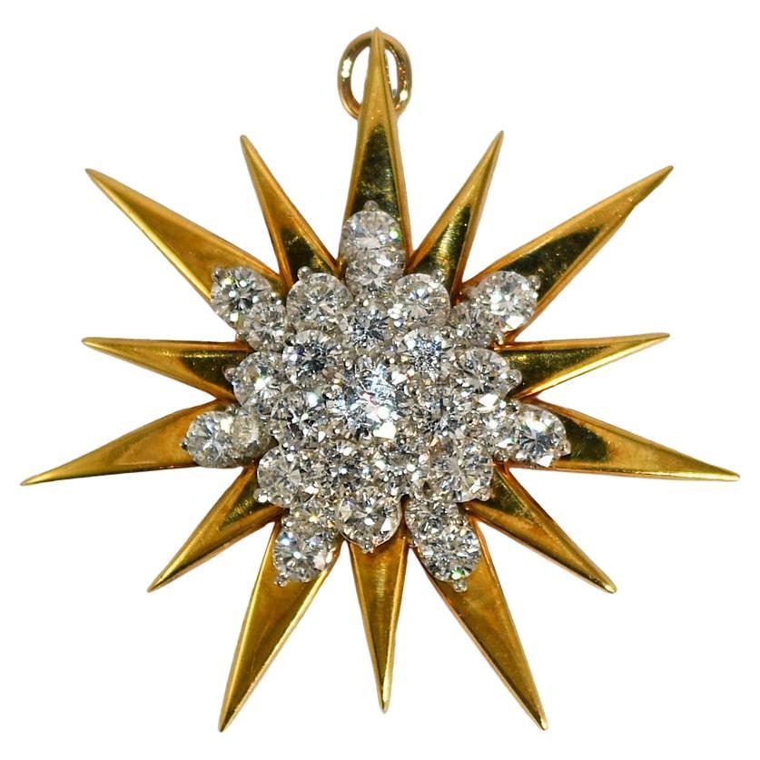 18 Karat Gelbgold & Platin Vintage Diamant Starburst Brosche mit Sternschliff