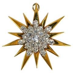 18 Karat Gelbgold & Platin Vintage Diamant Starburst Brosche mit Sternschliff