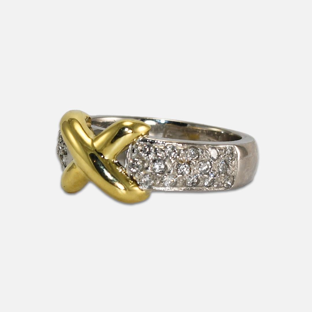 Bague « X » en or jaune 18 carats et platine, ornée de diamants pavés en vente 1