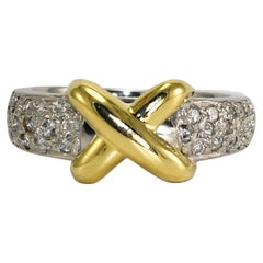 Vintage 18K Yellow Gold & Platinum "X" design, Pave Diamond Accented Ring