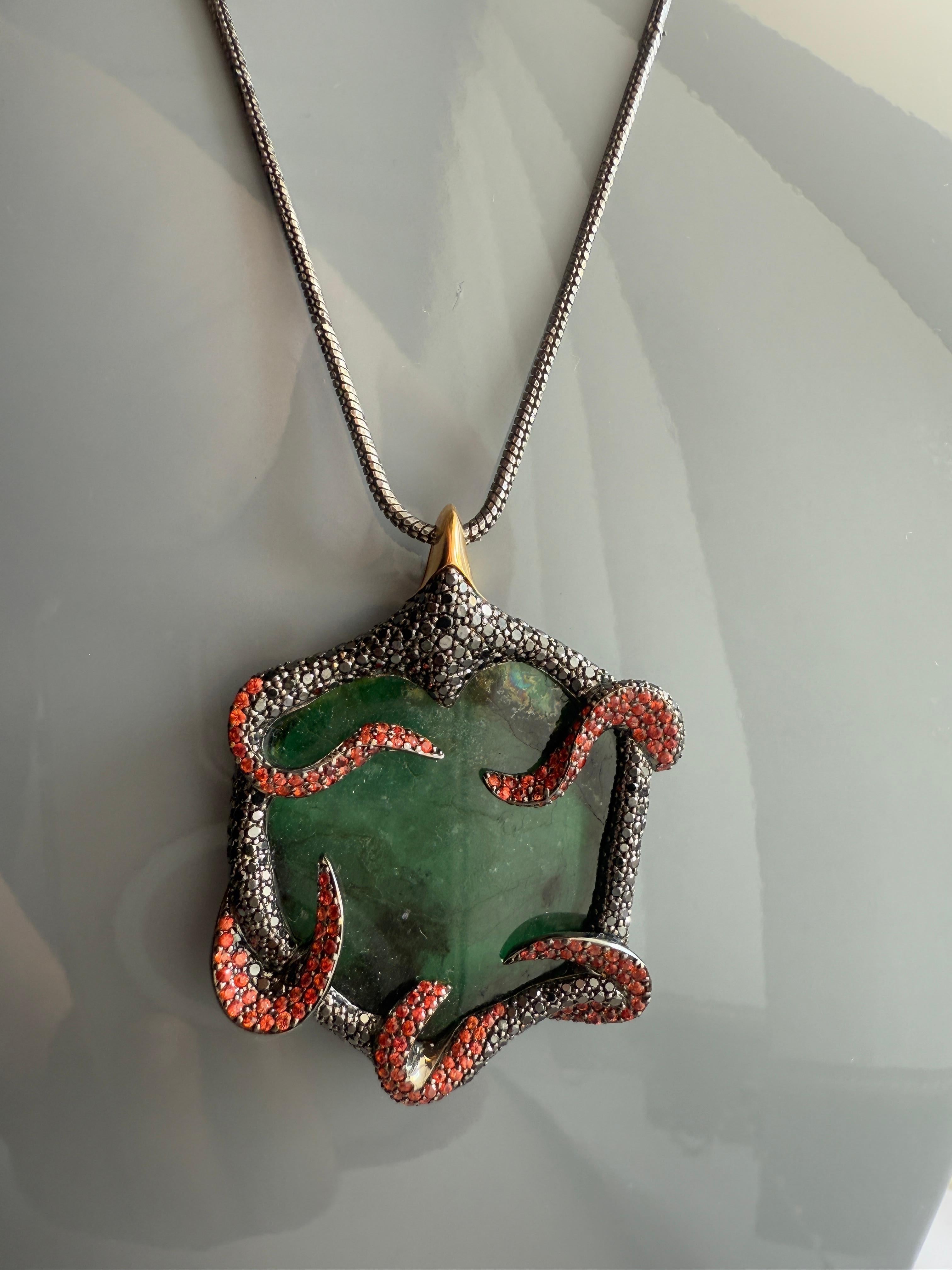 18K Yellow Gold Poison Ivy Pendant with Emeralds, Sapphires and Diamonds For Sale 6