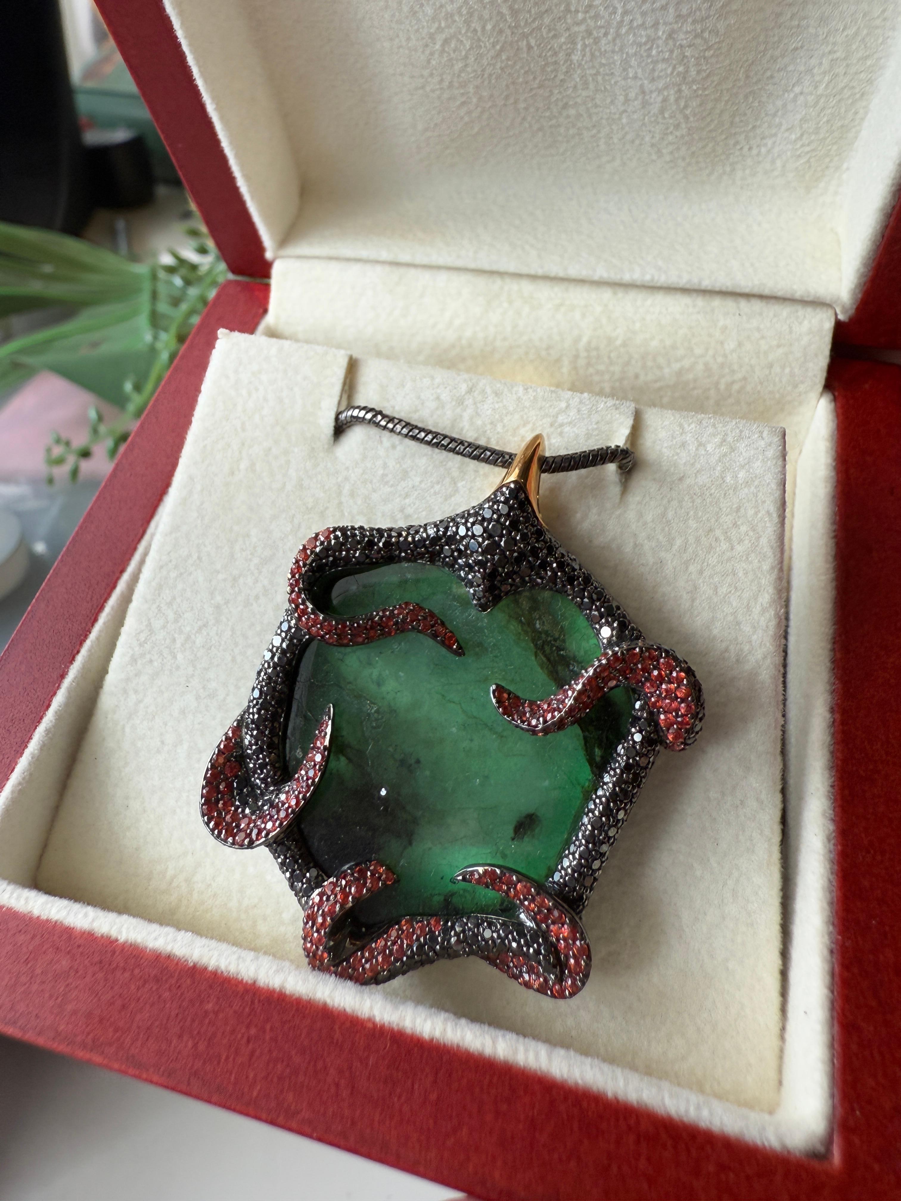 Round Cut 18K Yellow Gold Poison Ivy Pendant with Emeralds, Sapphires and Diamonds For Sale