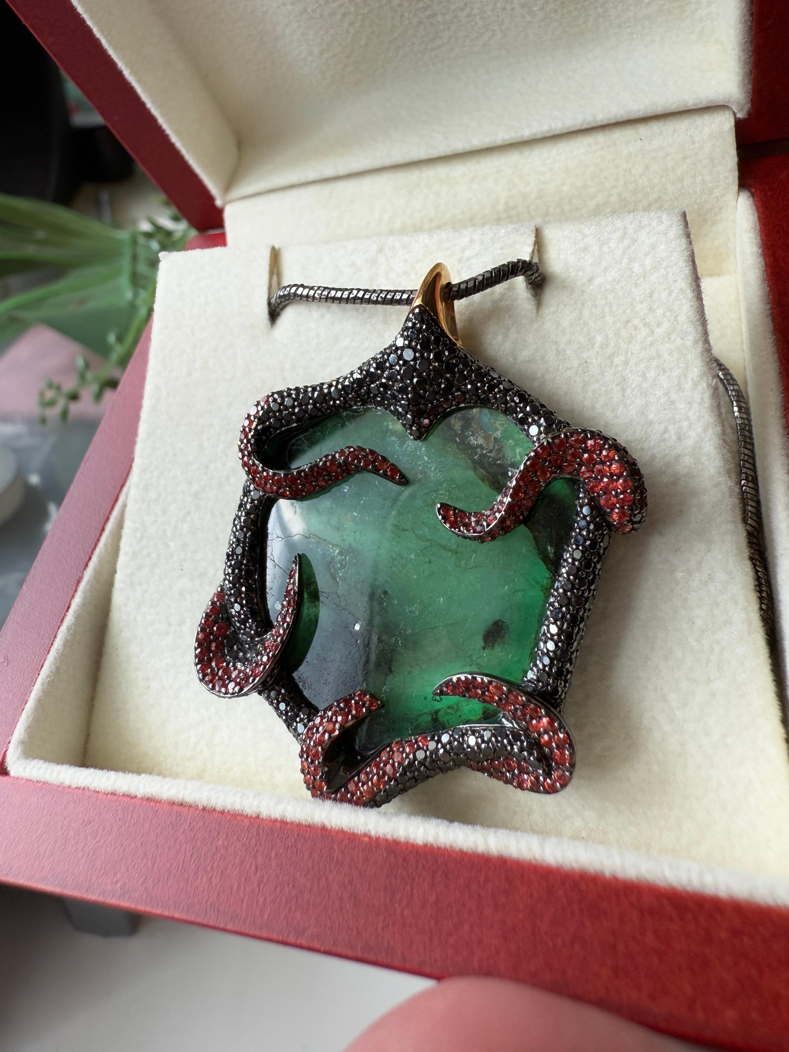 Women's 18K Yellow Gold Poison Ivy Pendant with Emeralds, Sapphires and Diamonds For Sale