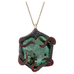 18K Yellow Gold Poison Ivy Pendant with Emeralds, Sapphires and Diamonds