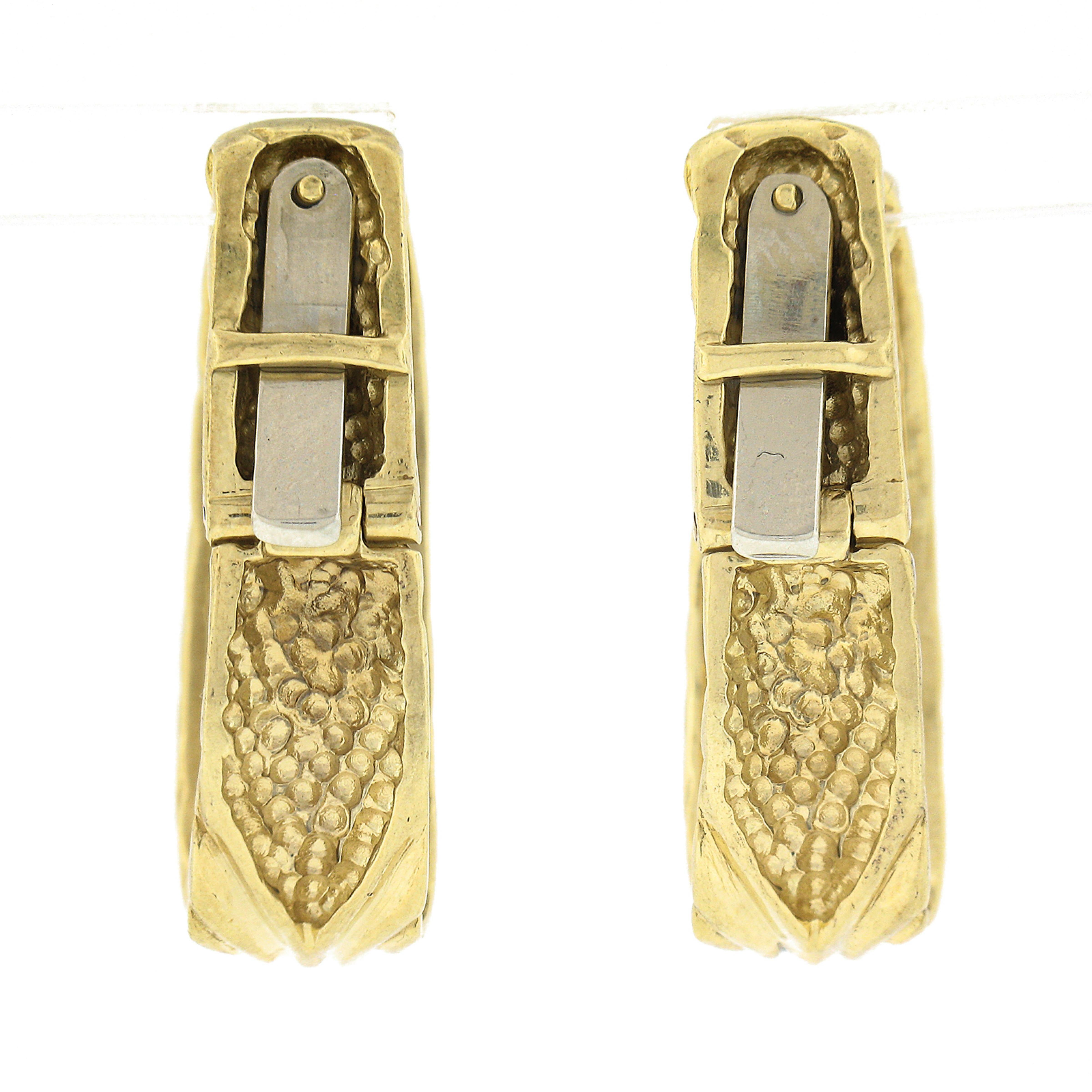 18K Yellow Gold Polished Finish Sculpted Textured Hoop Huggie Clip on Earrings In Good Condition For Sale In Montclair, NJ