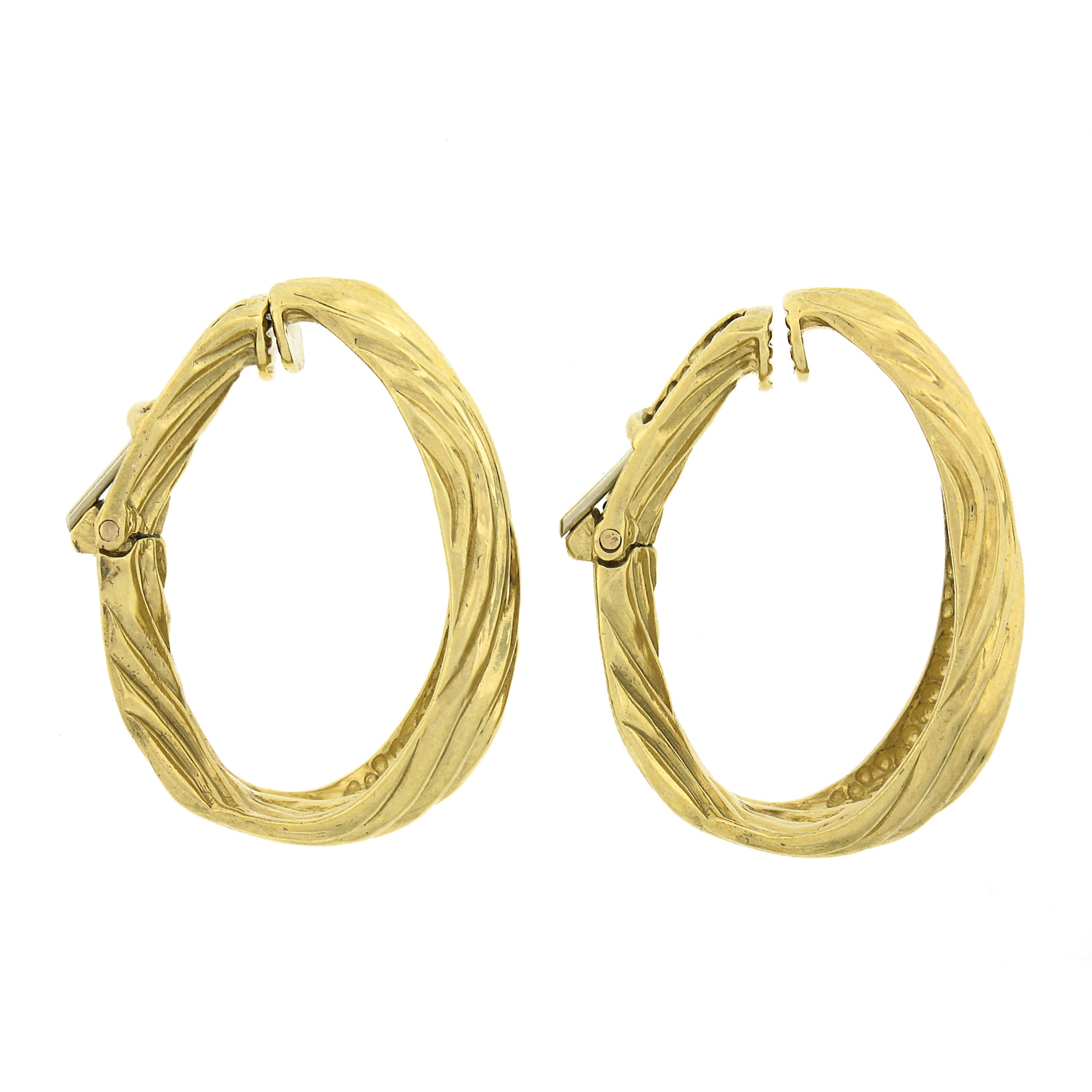Women's 18K Yellow Gold Polished Finish Sculpted Textured Hoop Huggie Clip on Earrings For Sale