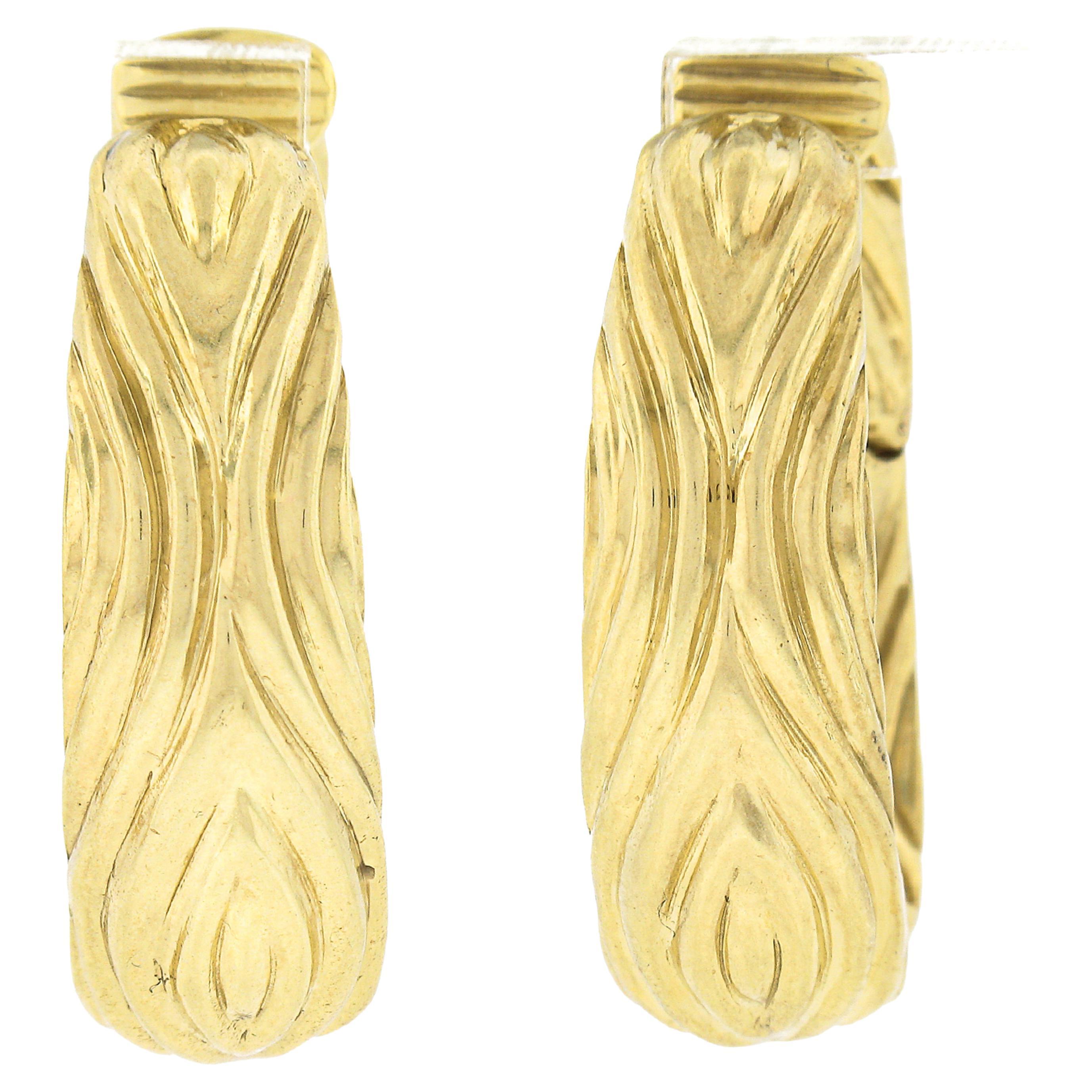 18K Yellow Gold Polished Finish Sculpted Textured Hoop Huggie Clip on Earrings