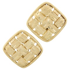 18K Yellow Gold Polished & Textured Finish Basket Weave Square Omega Earrings