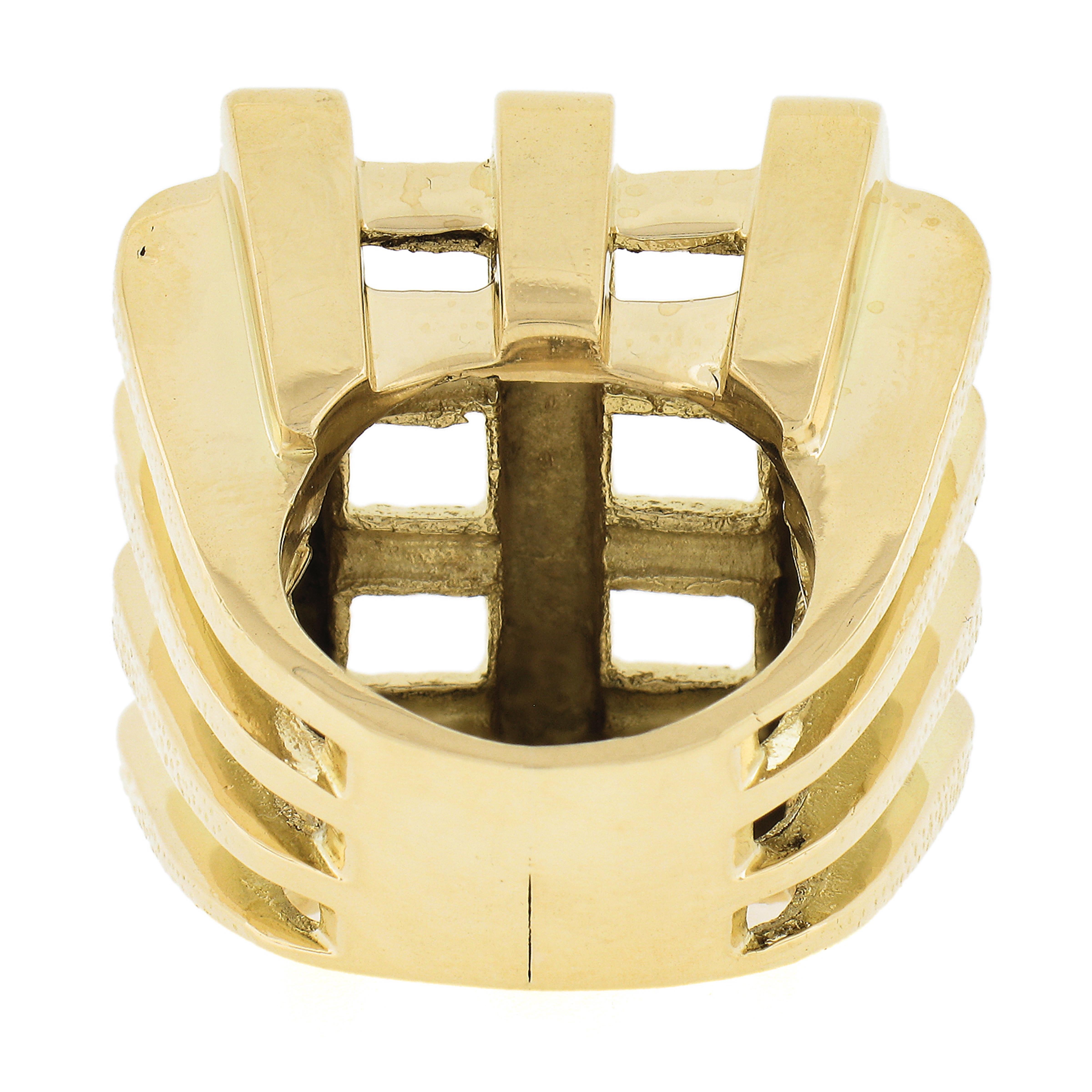 18K Yellow Gold Polished Textured Square Open Basket Weave Wide Heavy Band Ring For Sale 3