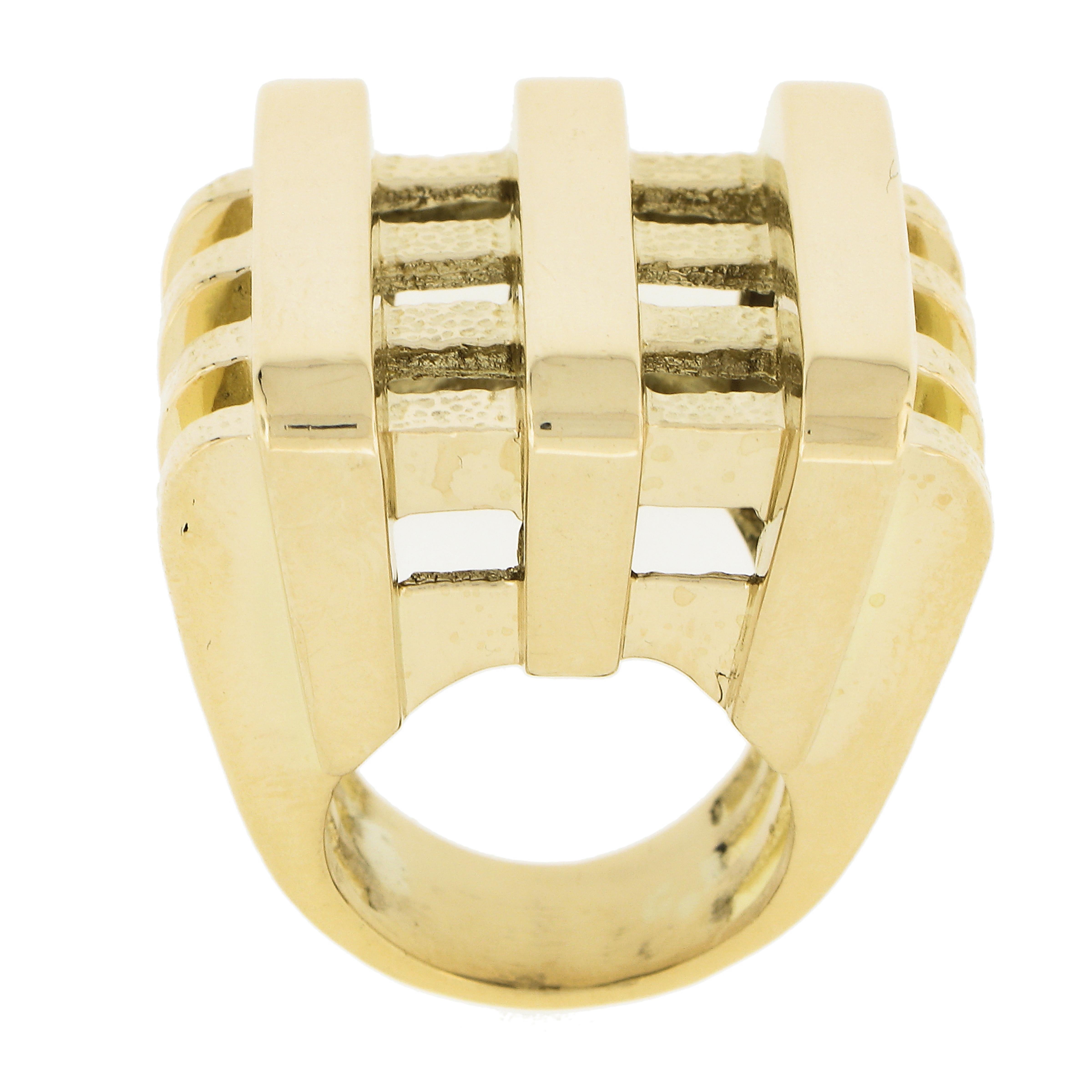 18K Yellow Gold Polished Textured Square Open Basket Weave Wide Heavy Band Ring For Sale 4