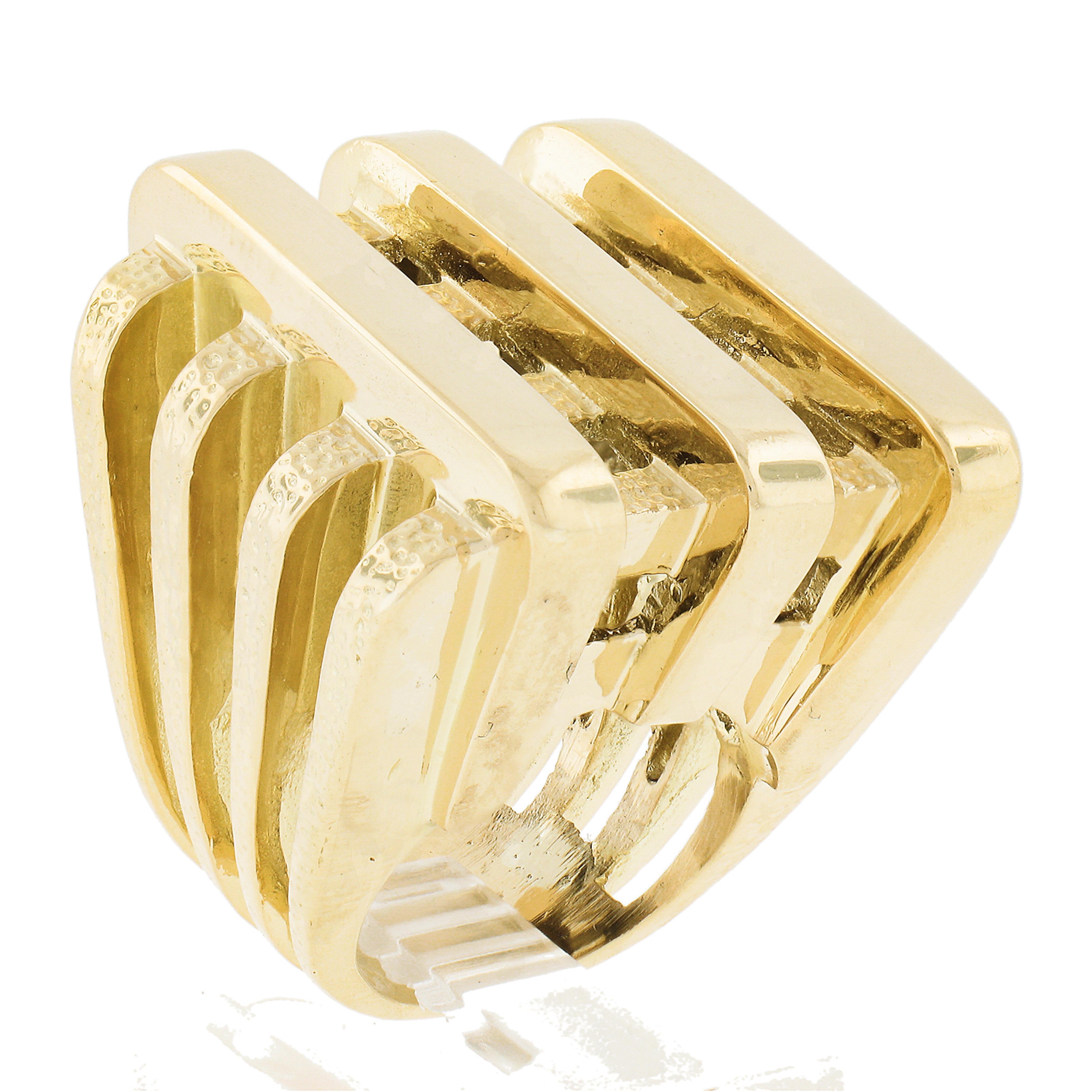 18K Yellow Gold Polished Textured Square Open Basket Weave Wide Heavy Band Ring For Sale 5