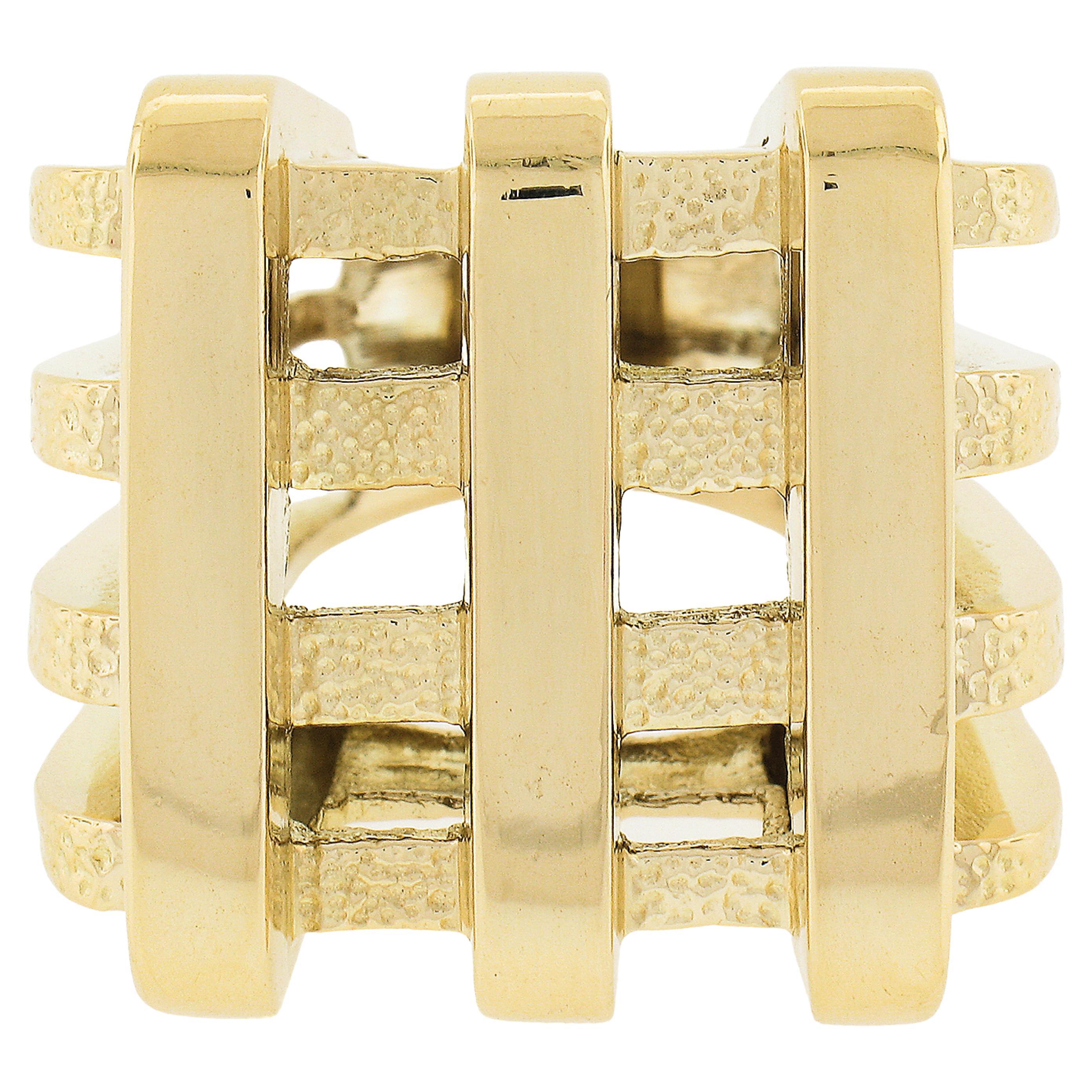 18K Yellow Gold Polished Textured Square Open Basket Weave Wide Heavy Band Ring For Sale