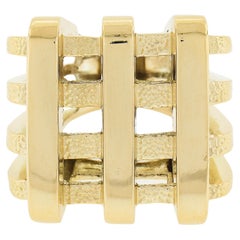 18K Yellow Gold Polished Textured Square Open Basket Weave Wide Heavy Band Ring