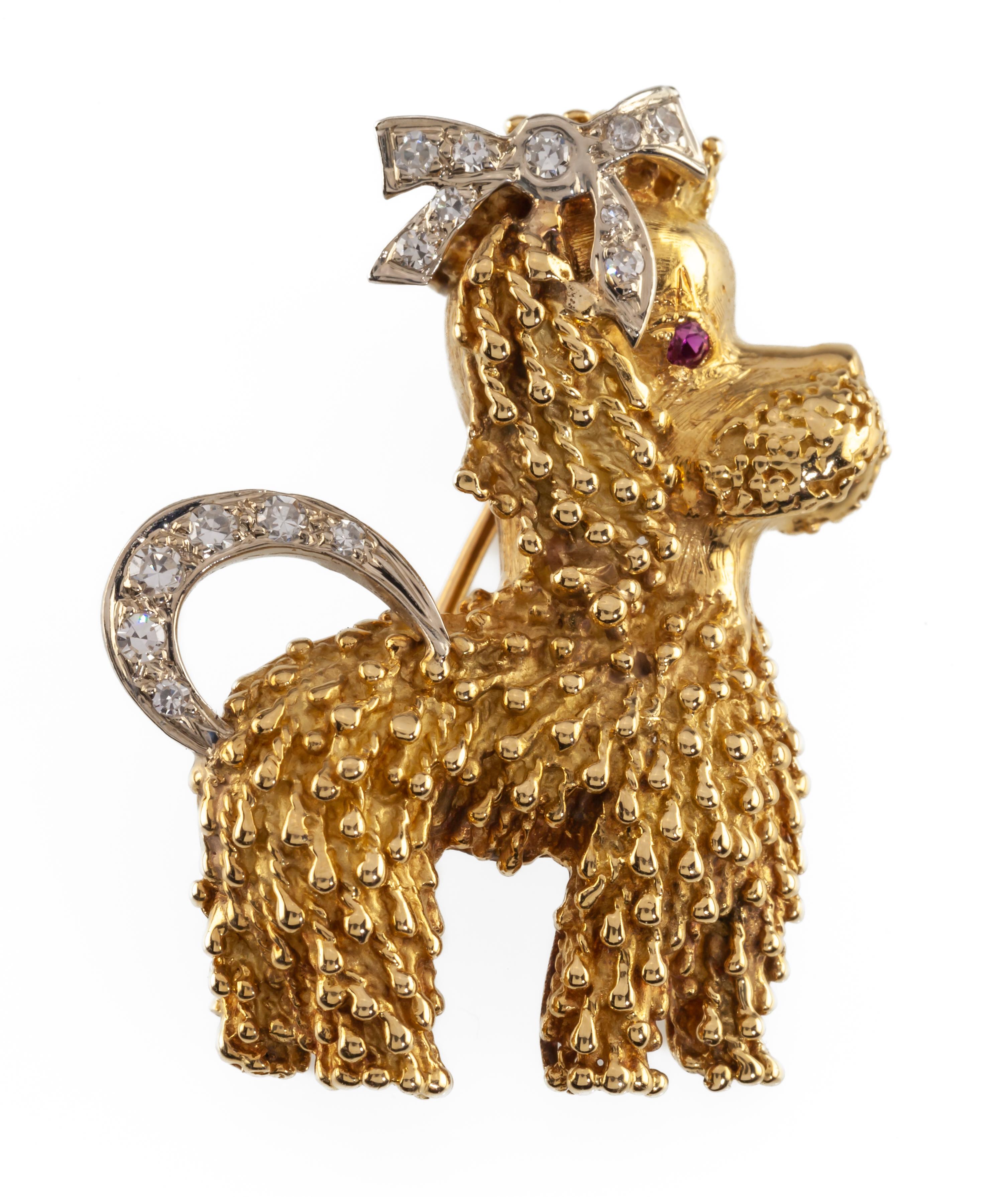 18k Yellow Gold Poodle Brooch Featuring Diamond & Ruby Accents with Certificate For Sale 3
