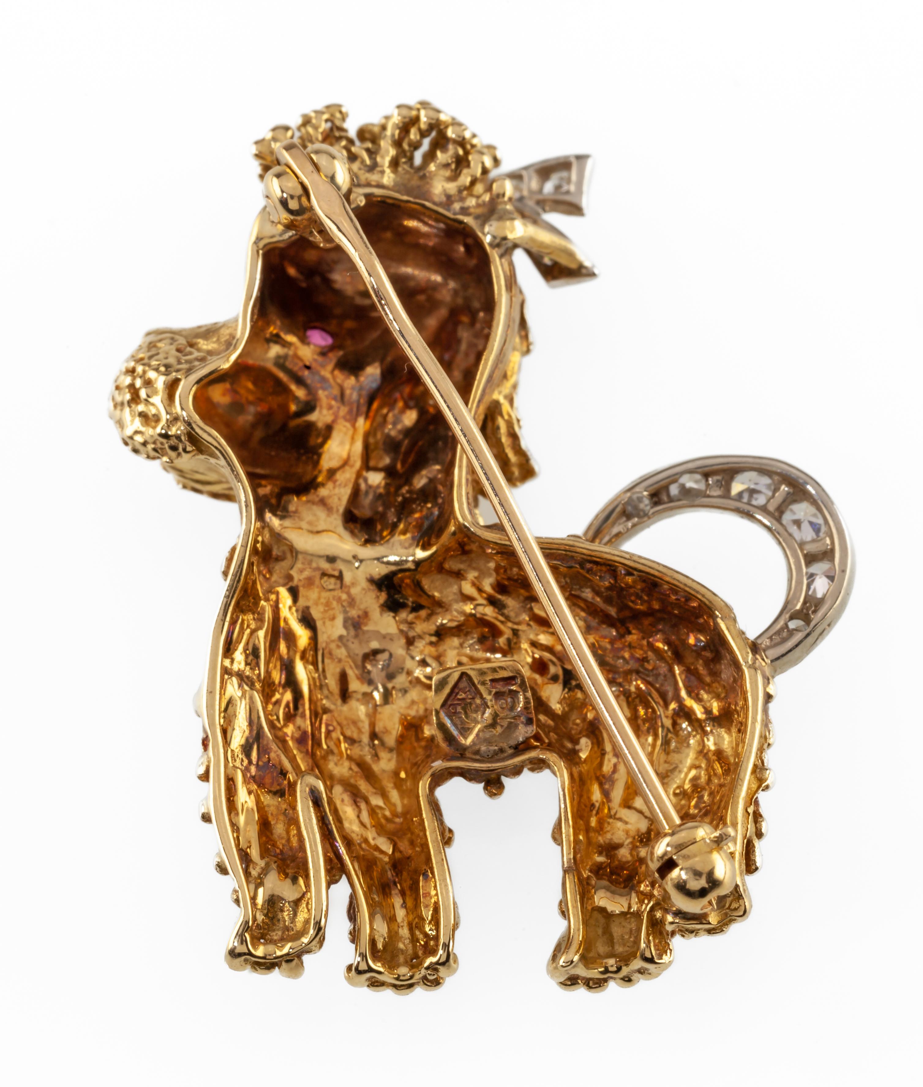 18k Yellow Gold Poodle Brooch Featuring Diamond & Ruby Accents with Certificate For Sale 4