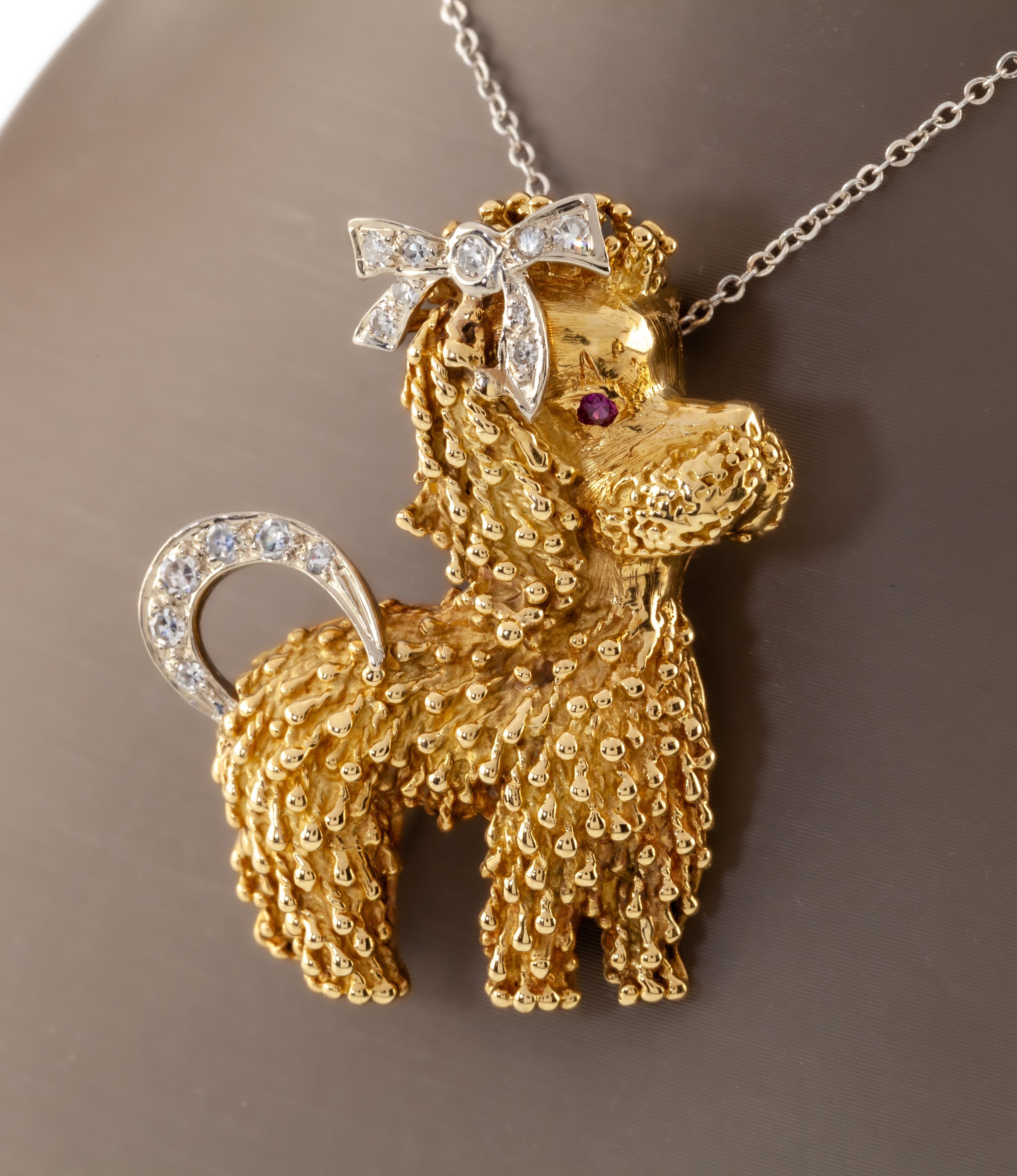 18k Yellow Gold Poodle Brooch Featuring Diamond & Ruby Accents with Certificate For Sale 5