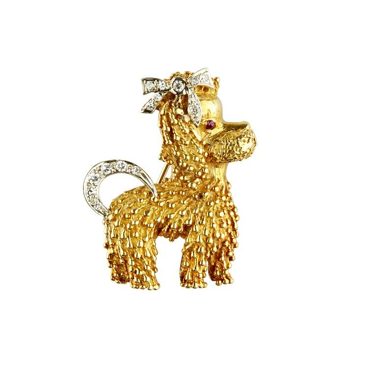 Modern 18k Yellow Gold Poodle Brooch Featuring Diamond & Ruby Accents with Certificate For Sale
