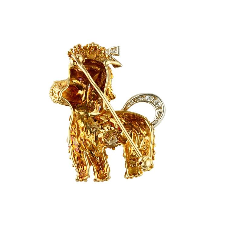 Single Cut 18k Yellow Gold Poodle Brooch Featuring Diamond & Ruby Accents with Certificate For Sale