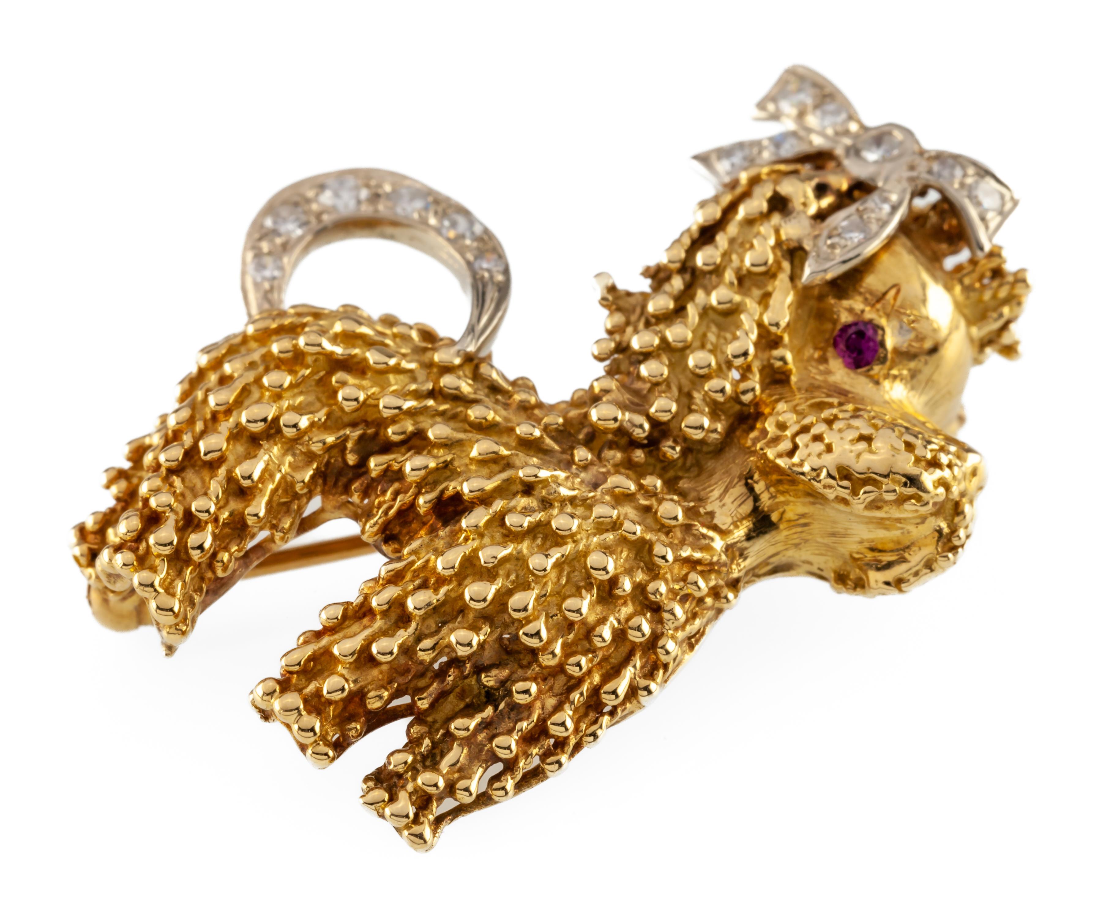 Women's 18k Yellow Gold Poodle Brooch Featuring Diamond & Ruby Accents with Certificate For Sale