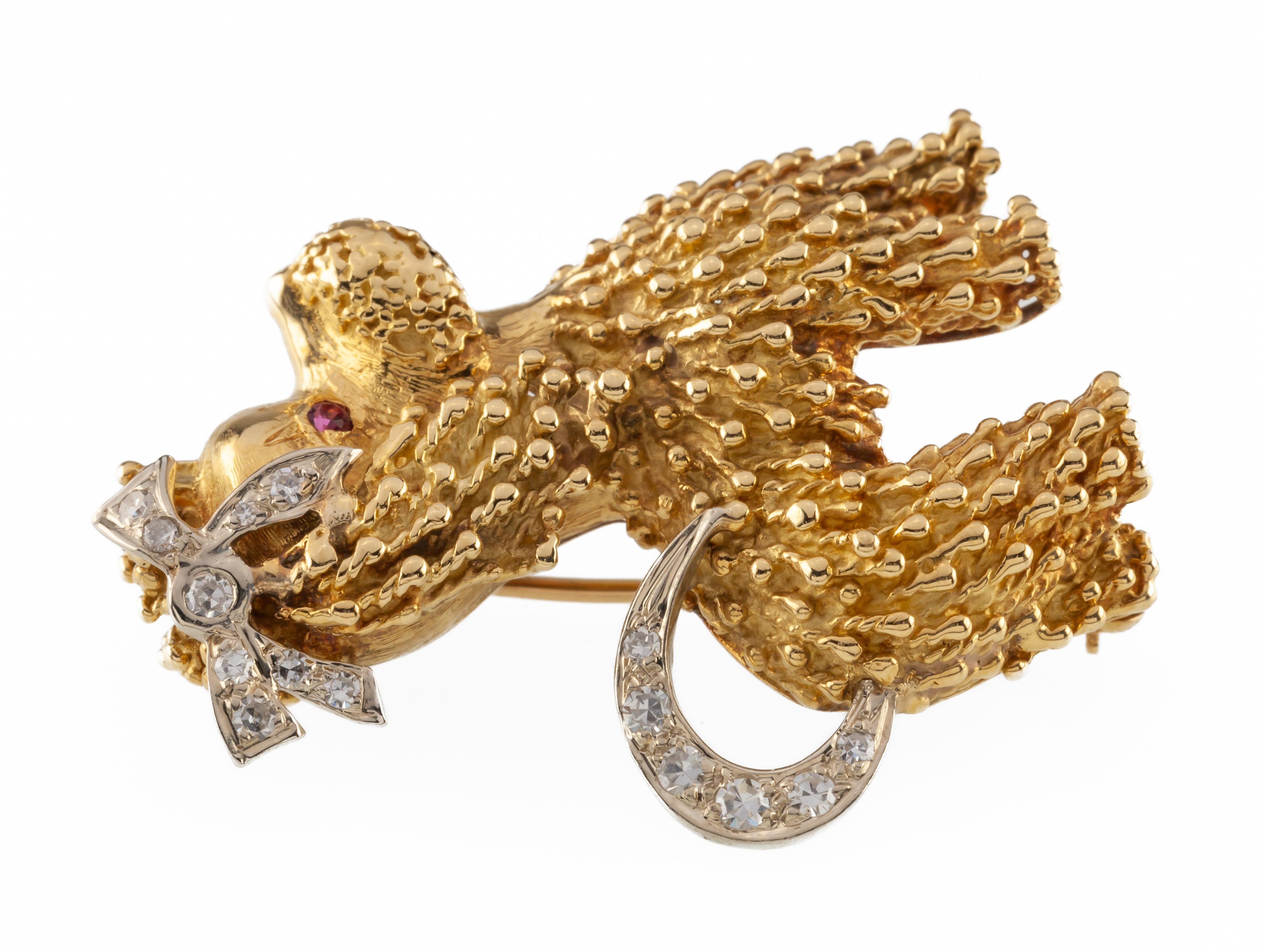 18k Yellow Gold Poodle Brooch Featuring Diamond & Ruby Accents with Certificate For Sale 1
