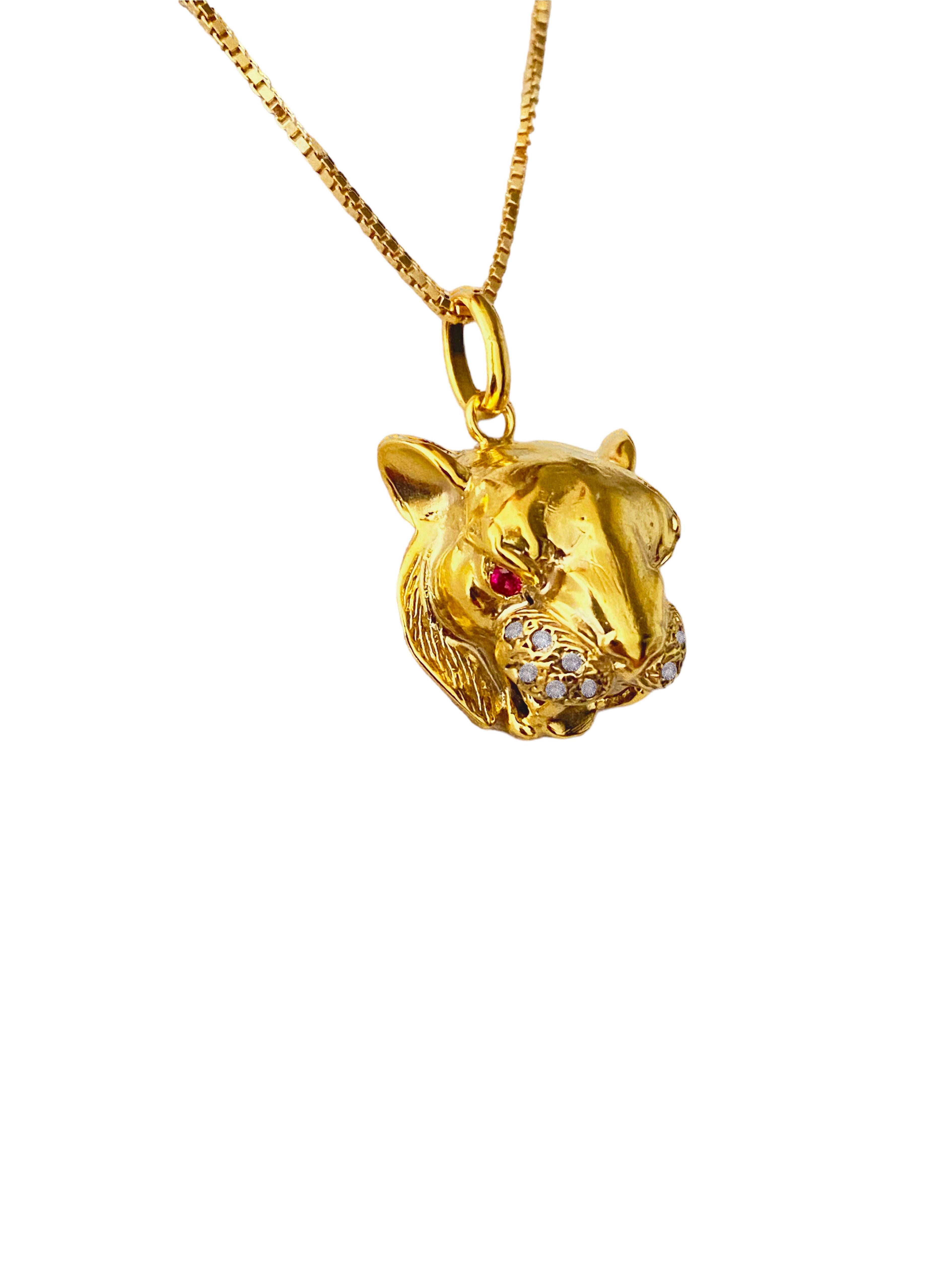 Artisan 18K Gold Power Tiger Pendant Cube Chain Rubies Diamonds Handcrafted in Italy  For Sale