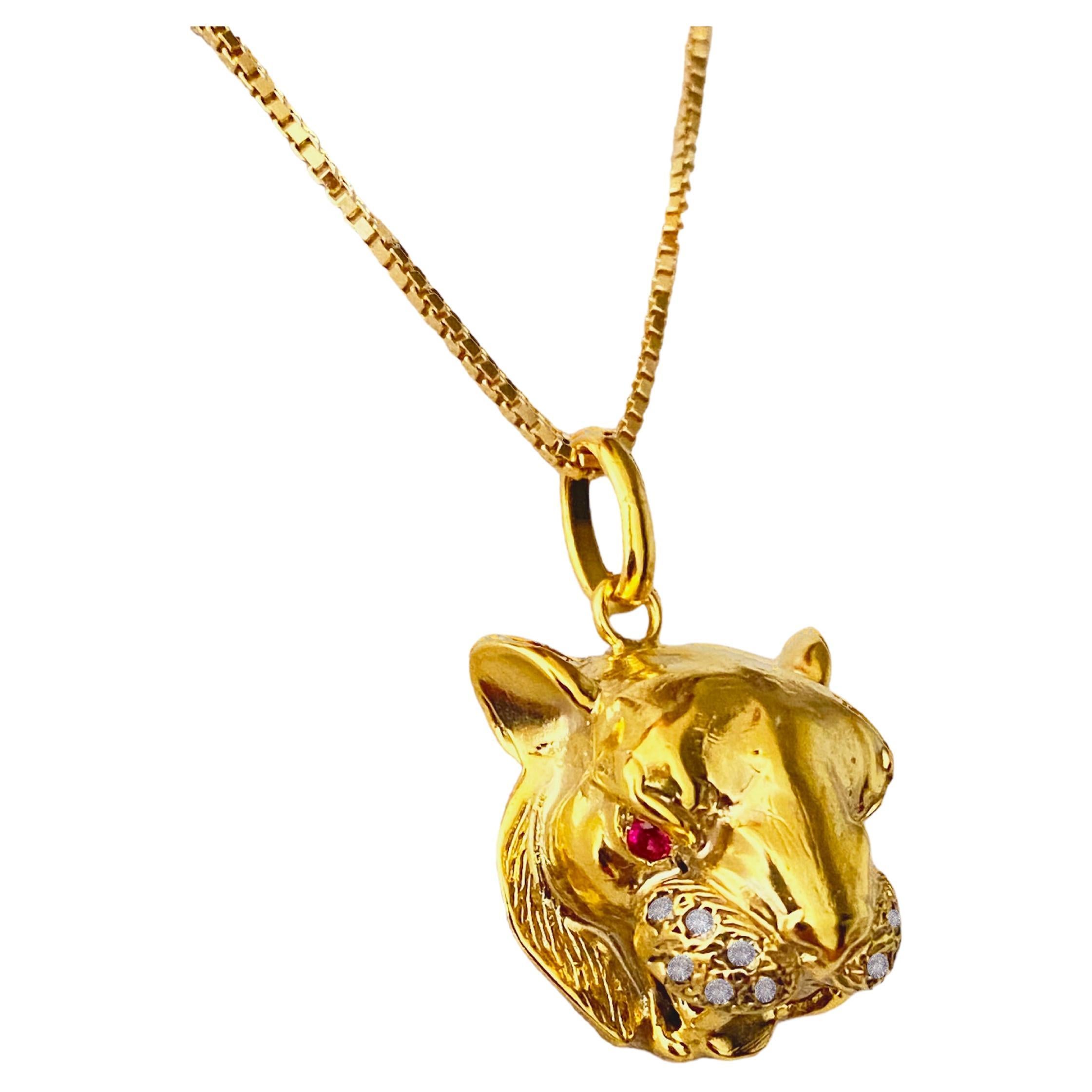 18K Gold Power Tiger Pendant Cube Chain Rubies Diamonds Handcrafted in Italy  For Sale