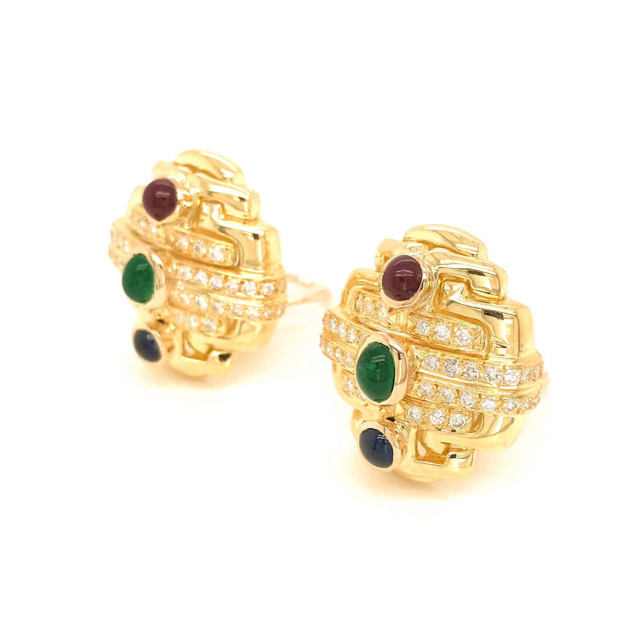 Round Cut 18 Karat Yellow Gold Precious Stone and Diamond Earrings For Sale