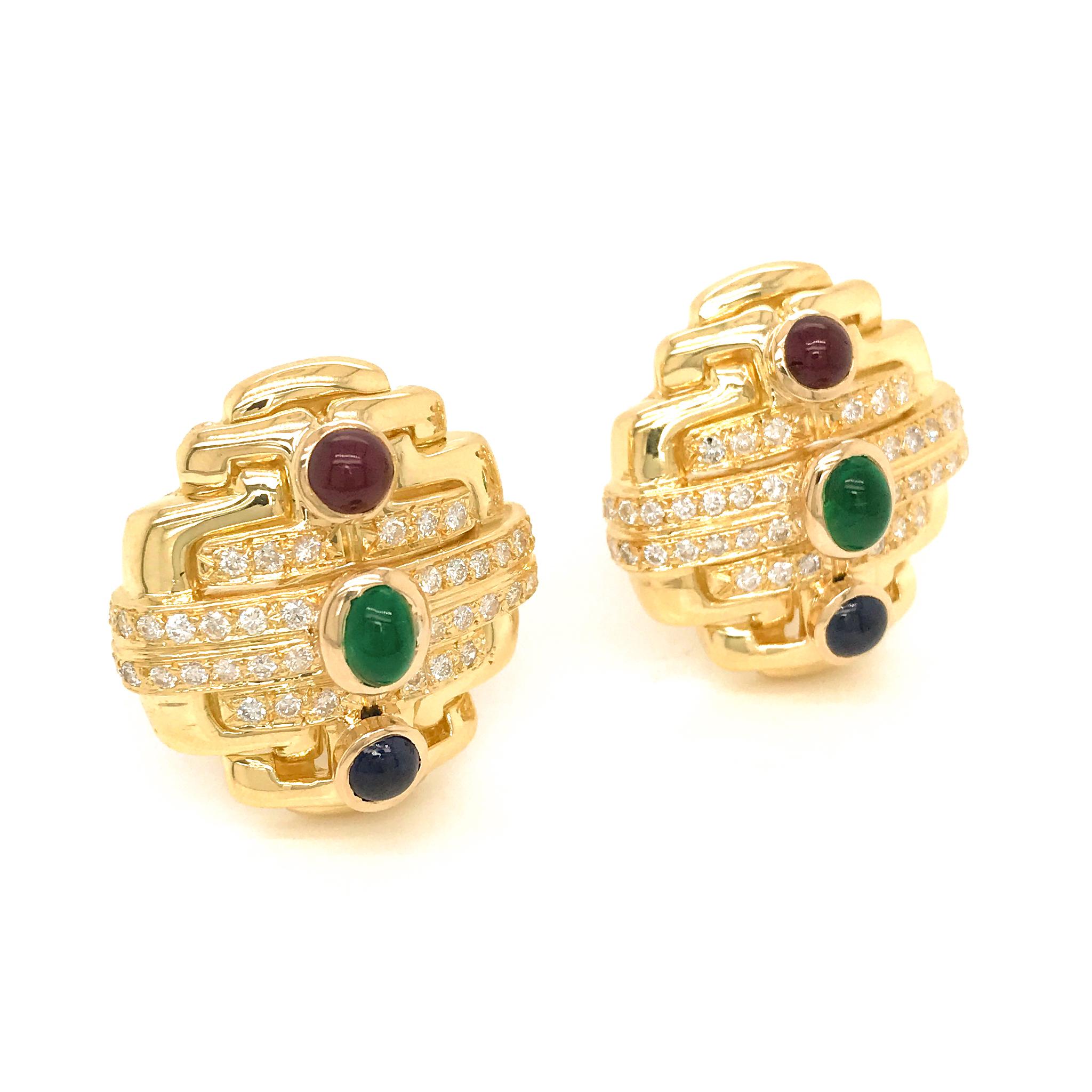 18 Karat Yellow Gold Precious Stone and Diamond Earrings In Excellent Condition For Sale In New York, NY