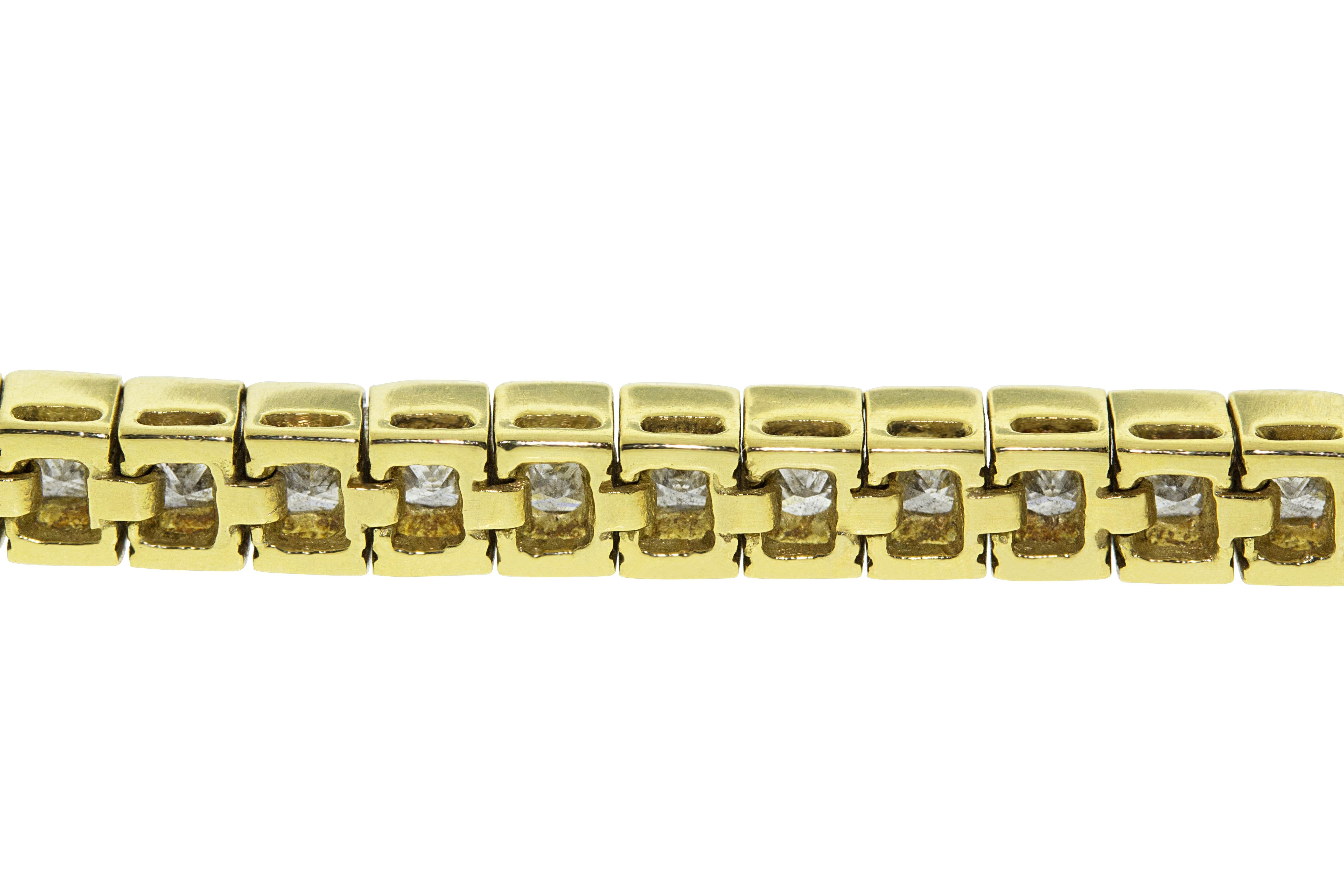 Contemporary 18 Karat Yellow Gold Princess Cut Bezel Set Diamond Tennis Bracelet For Sale
