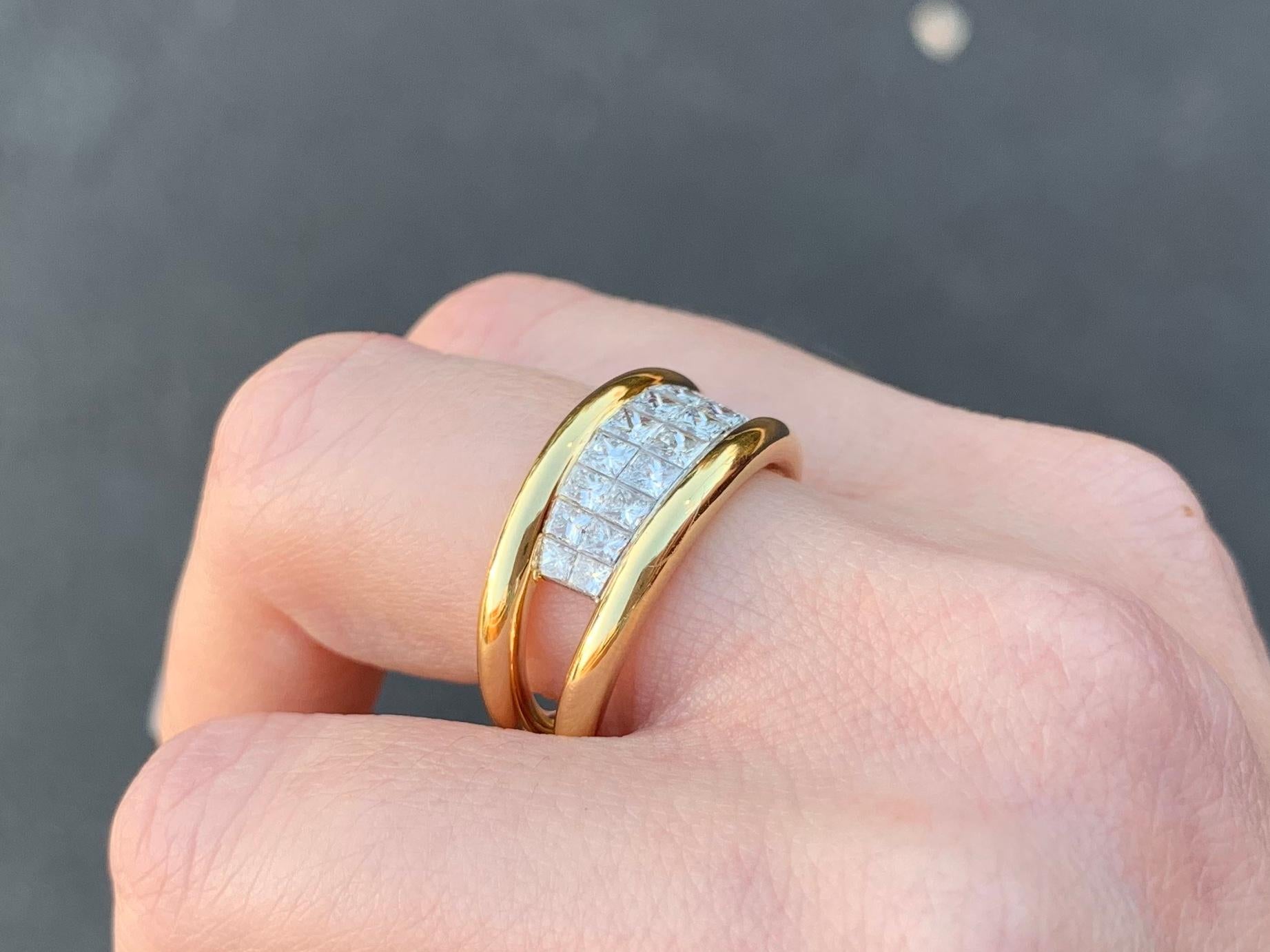 Modern 18 Karat Yellow Gold Princess Cut Diamond Double-Row Ring For Sale