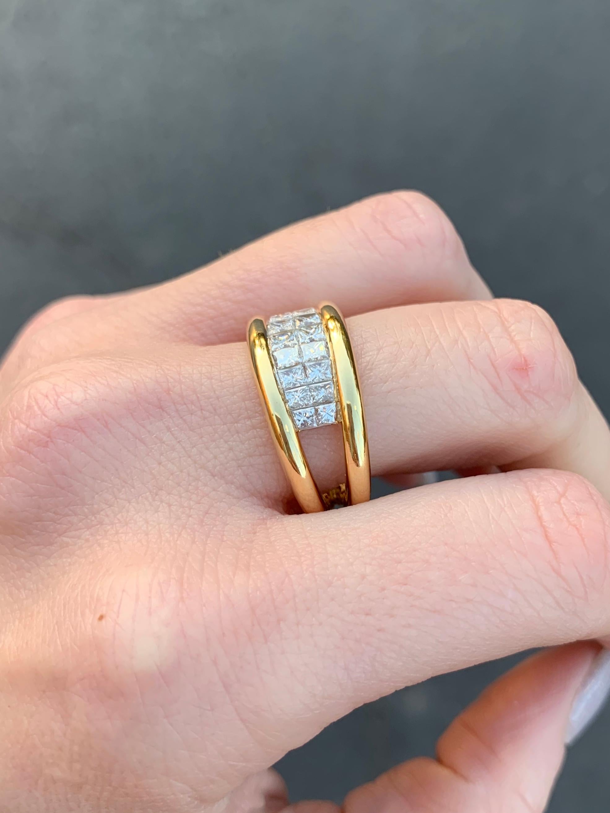 Women's 18 Karat Yellow Gold Princess Cut Diamond Double-Row Ring For Sale