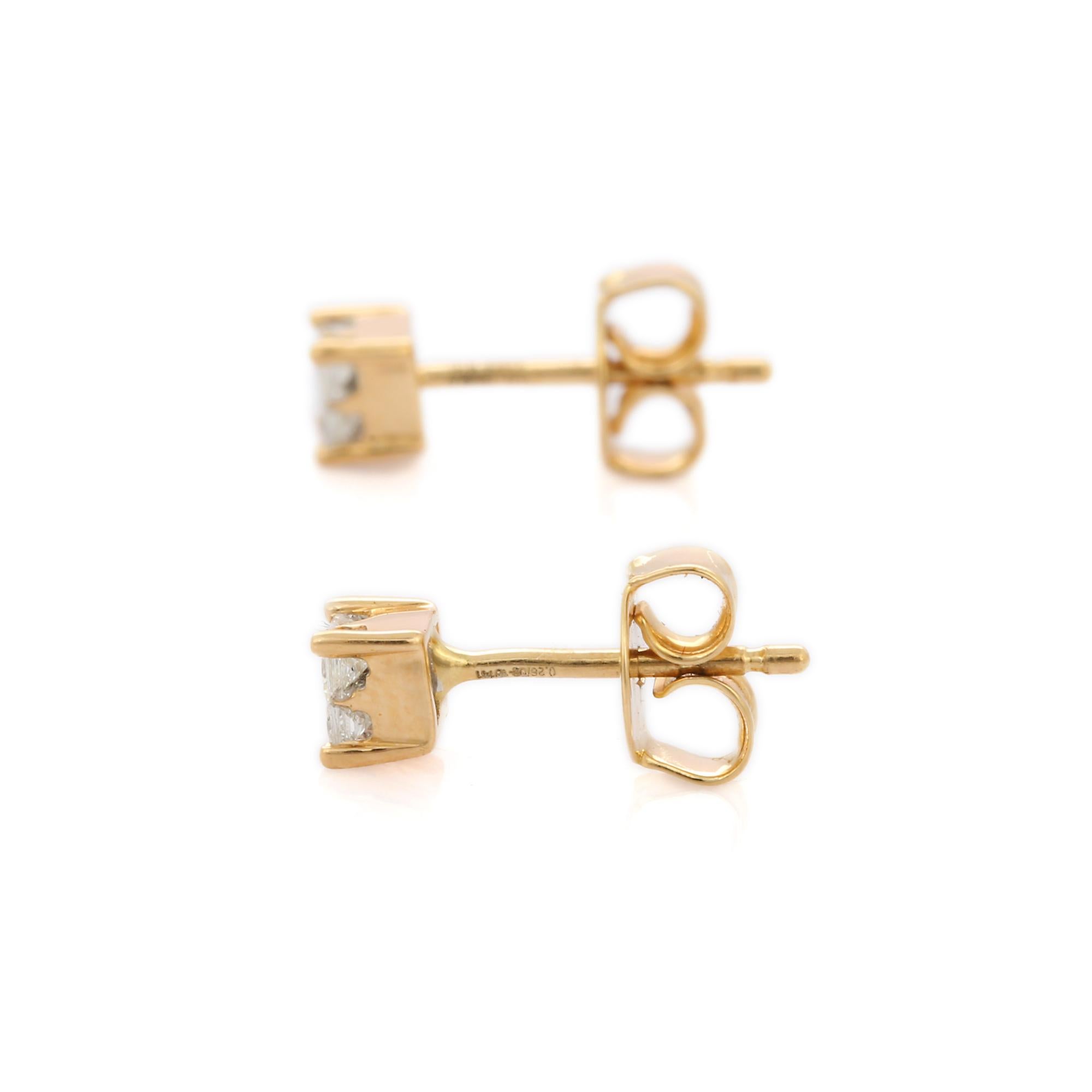 Modern 18k Solid Yellow Gold Princess Diamond Everyday Stud Earrings For Sale