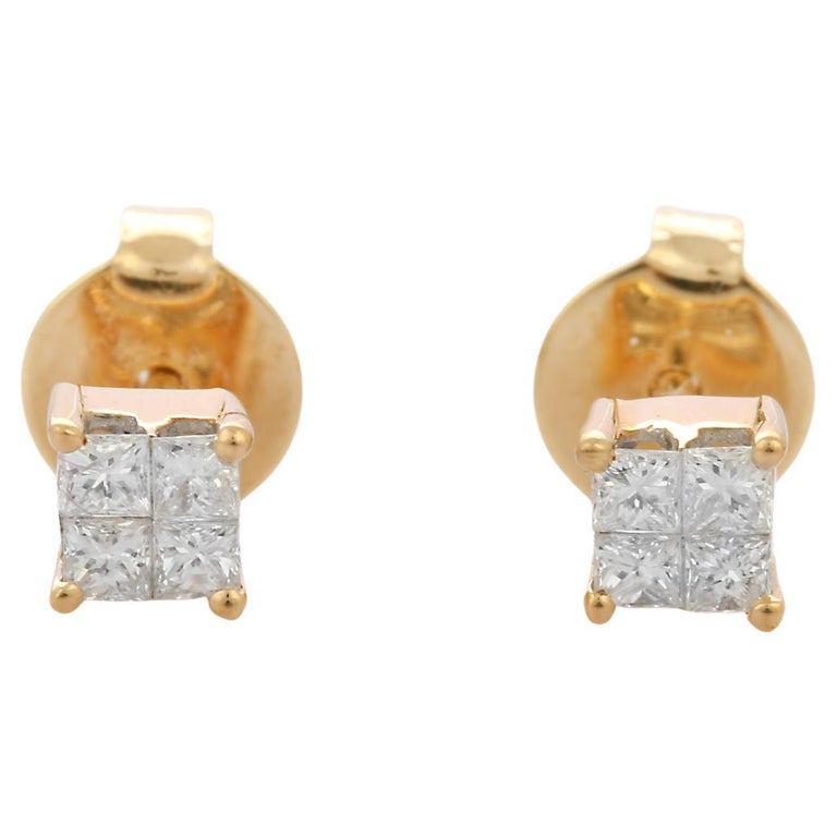 18K Yellow Gold Princess Cut Diamond Stud Earrings For Sale