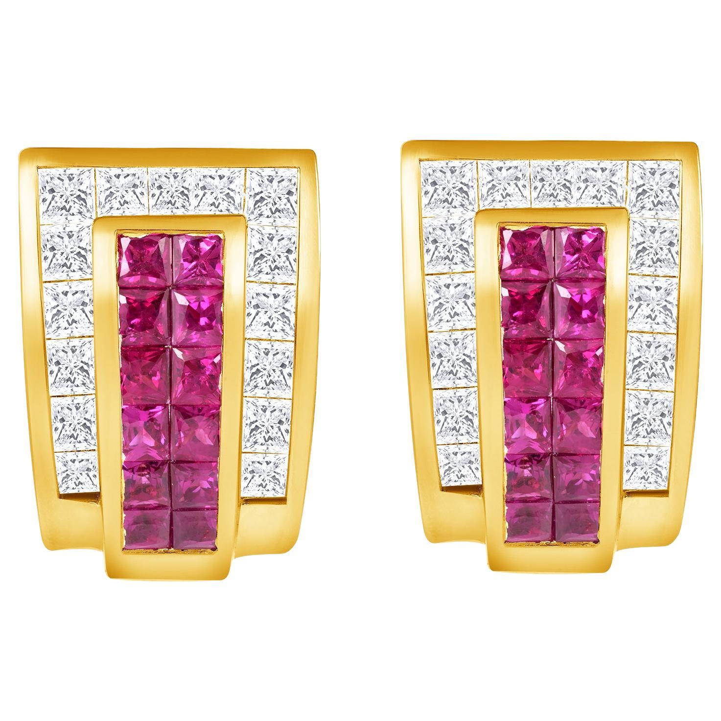 18K Yellow Gold Princess Ruby Earrings For Sale