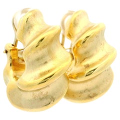 18k Yellow Gold Puffed Dual Finish Wavy Large Hoop Cuff Omega Earrings